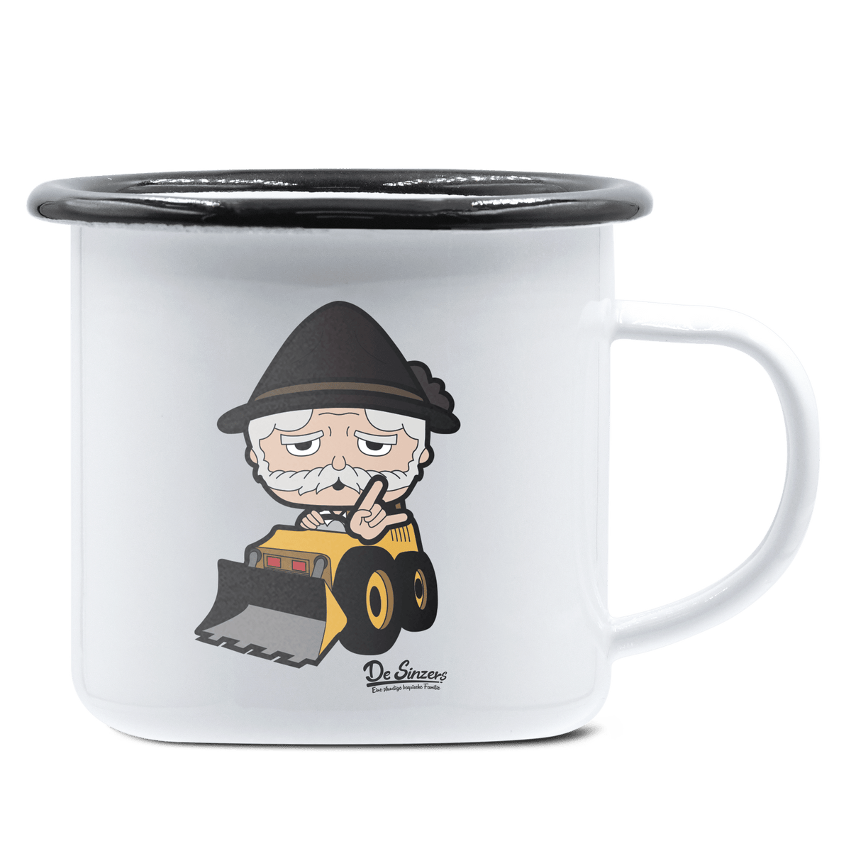 Da Oid Sinzer Baggerfahrer Emaille Tasse 375ml Weiss Schwarz Hochries Front