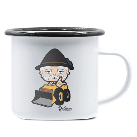 Da Oid Sinzer Baggerfahrer Emaille Tasse 375ml Weiss Schwarz Hochries Front