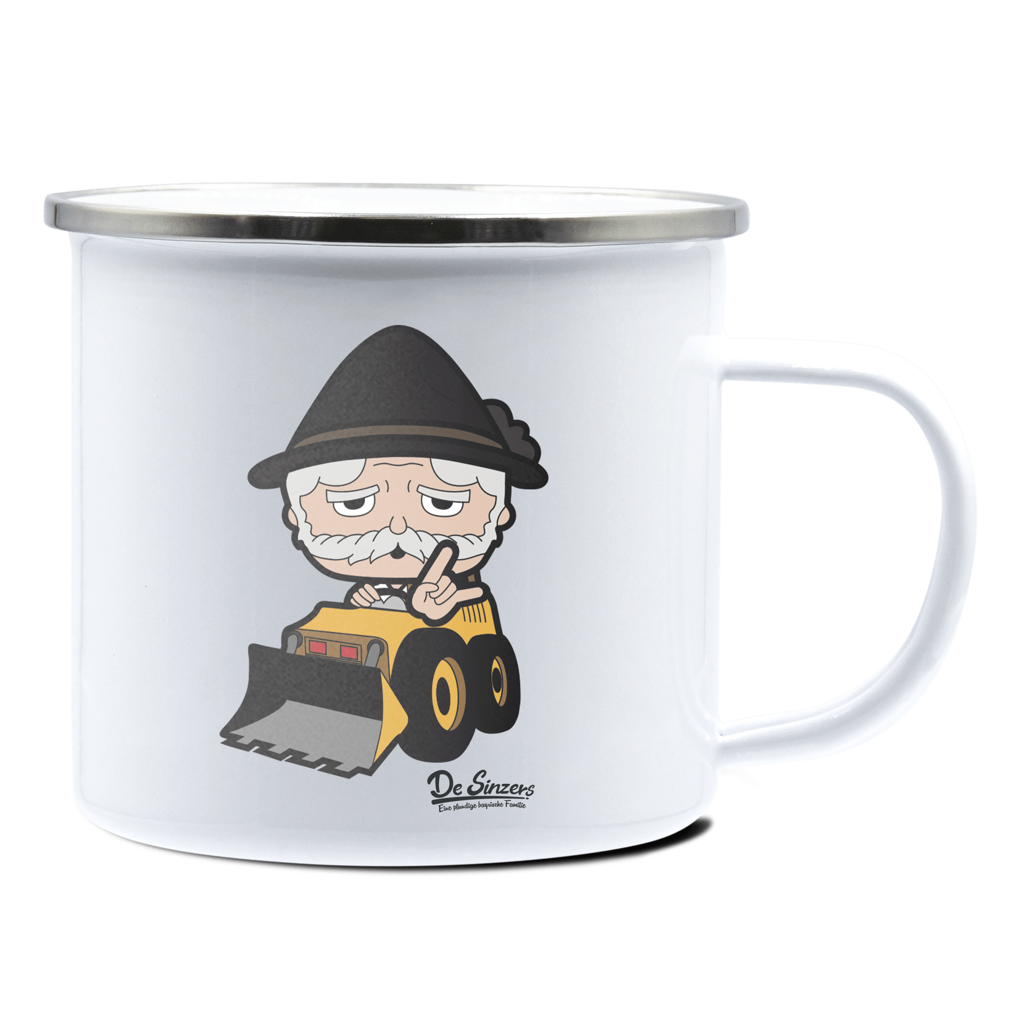 Da Oid Sinzer Baggerfahrer Emaille Tasse 375ml Weiss Silber Kampenwand Front