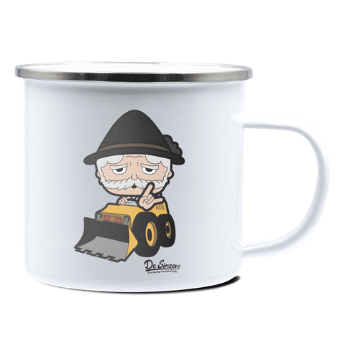 Da Oid Sinzer Baggerfahrer Emaille Tasse 375ml Weiss Silber Kampenwand Front