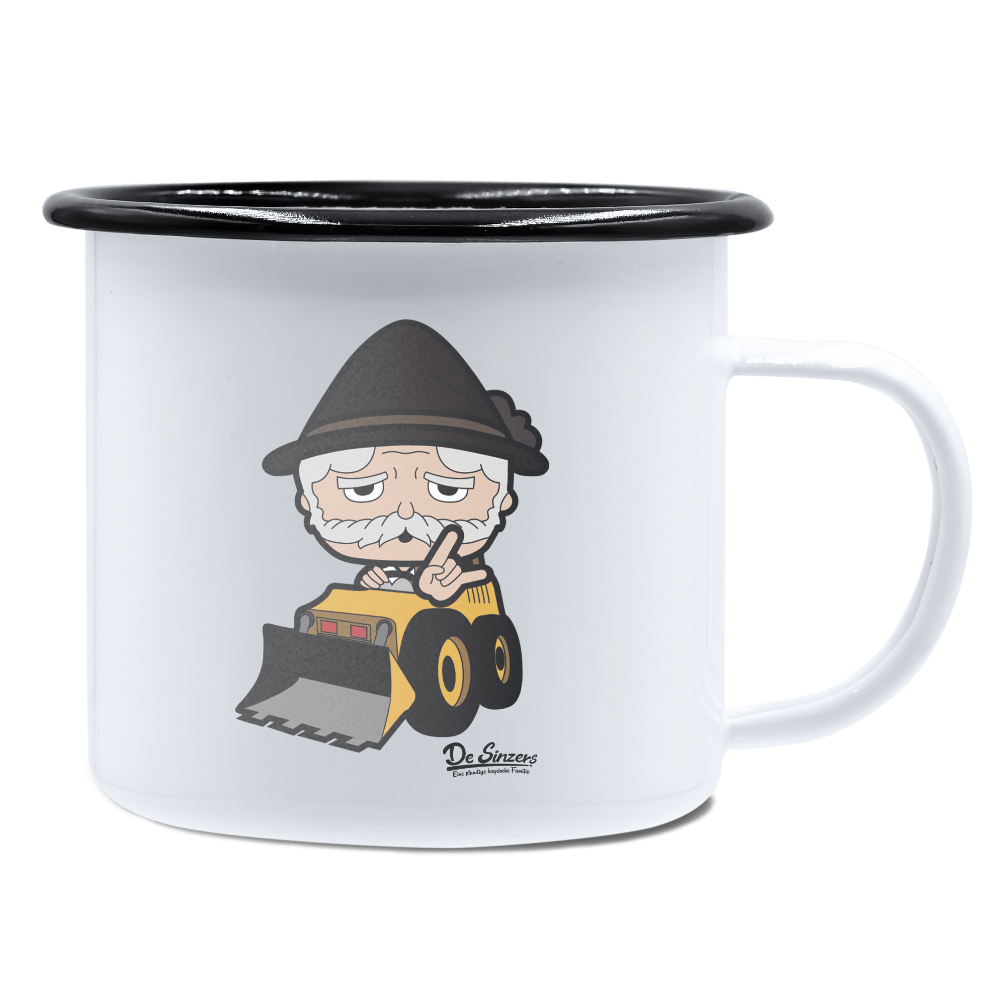 Da Oid Sinzer Baggerfahrer Emaille Tasse 450ml Weiss Schwarz Spitzstein Front