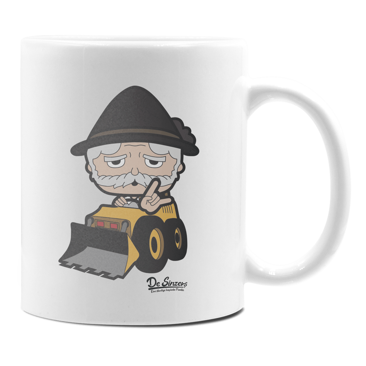 Da Oid Sinzer Baggerfahrer Keramik Kaffeetasse 330ml Weiss Rampoldplatte Front