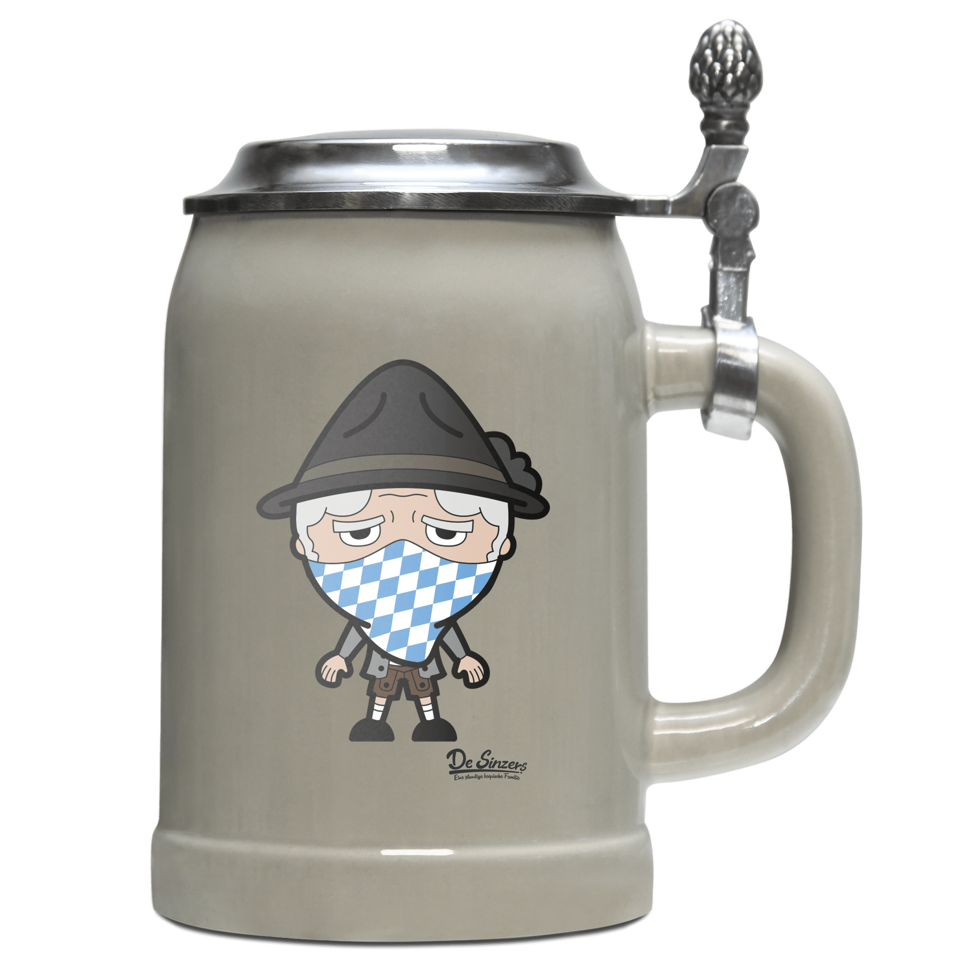 Da Oid Sinzer Bayrisches Mundtuch Bierkrug 500ml Grau mit Deckel Hocheck Front