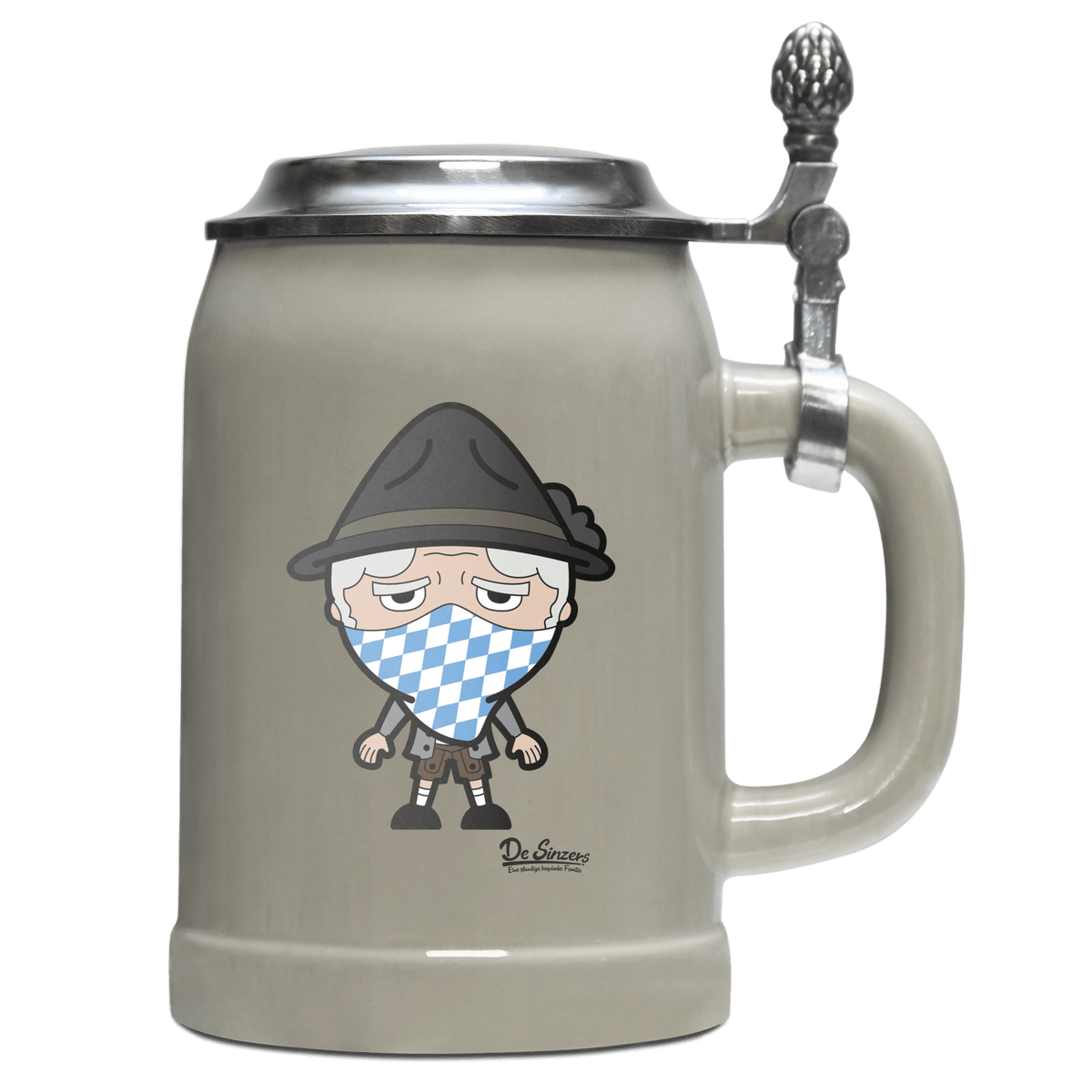 Da Oid Sinzer Bayrisches Mundtuch Bierkrug 500ml Grau mit Deckel Hocheck Front