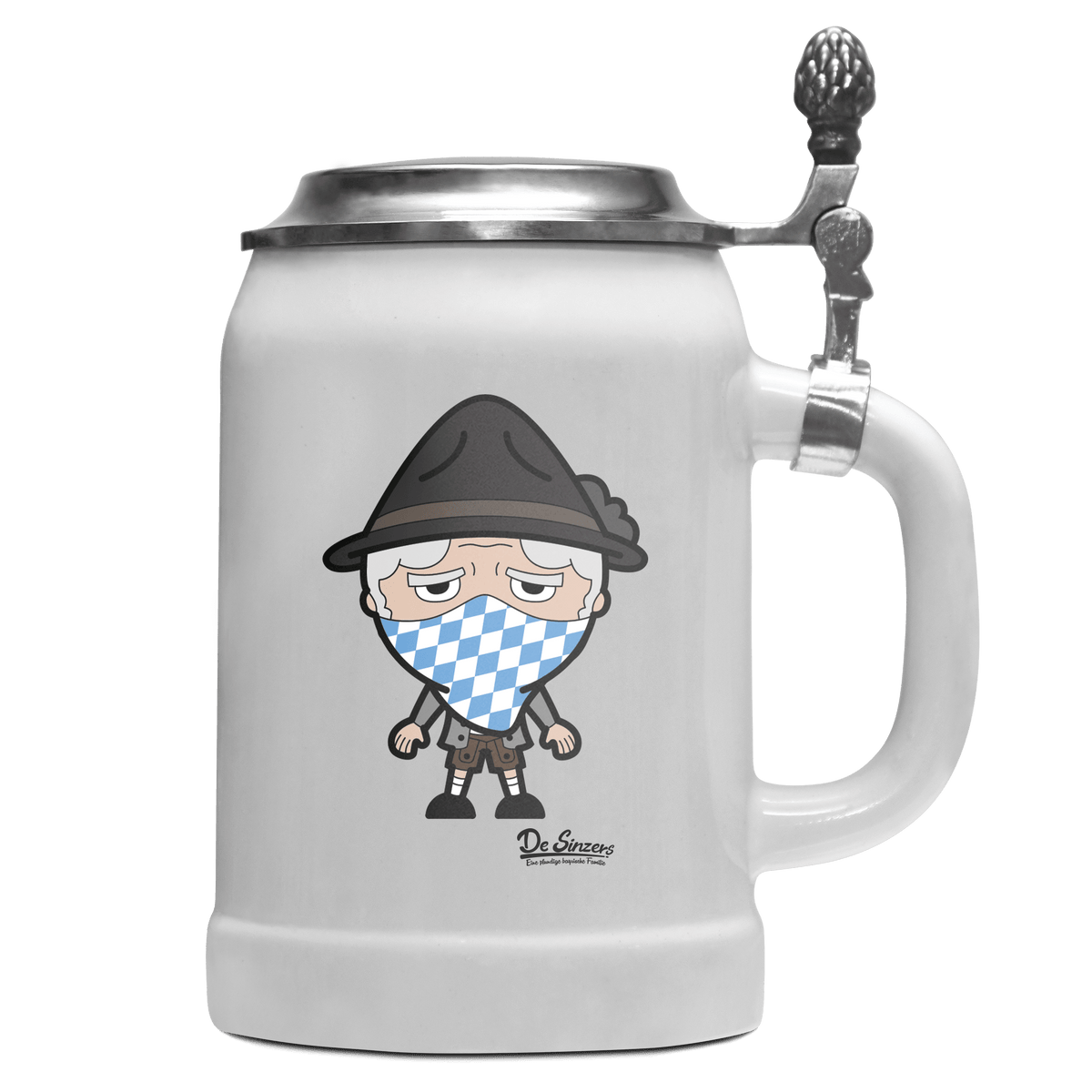 Da Oid Sinzer Bayrisches Mundtuch Bierkrug 500ml Weiss mit Deckel Wetterspitzen Front