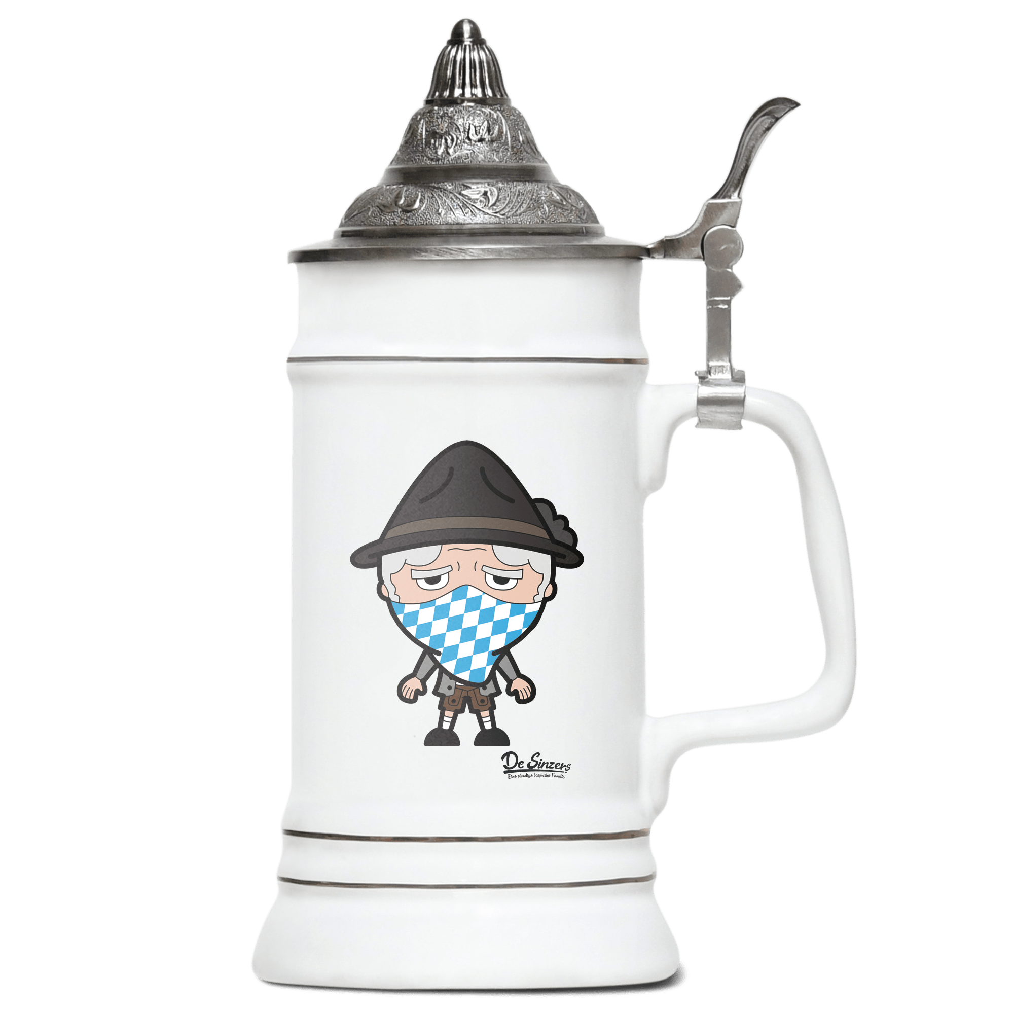 Da Oid Sinzer Bayrisches Mundtuch Bierkrug 500ml Weiss mit Spitzdeckel Wendelstein Front
