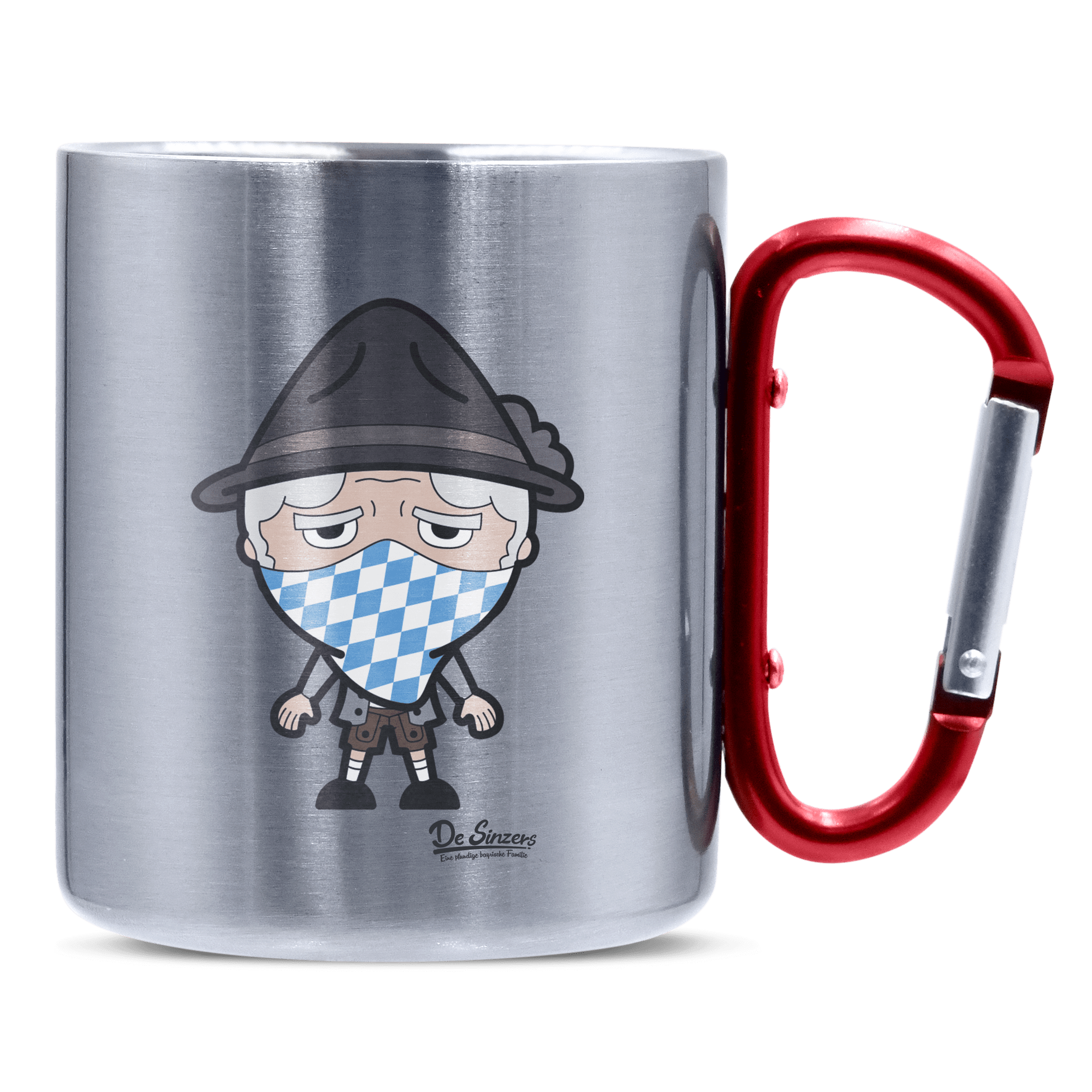Da Oid Sinzer Bayrisches Mundtuch Edelstahl Kaffeetasse roter Karabiner 320ml Kitzstein Front