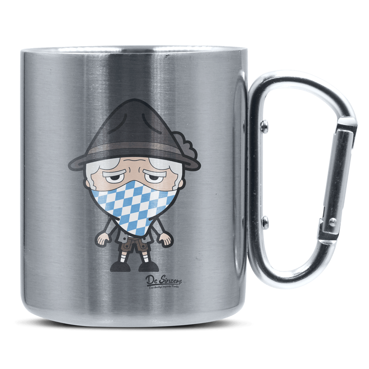 Da Oid Sinzer Bayrisches Mundtuch Edelstahl Kaffeetasse silberer Karabiner 320ml Grosser Traithen Front