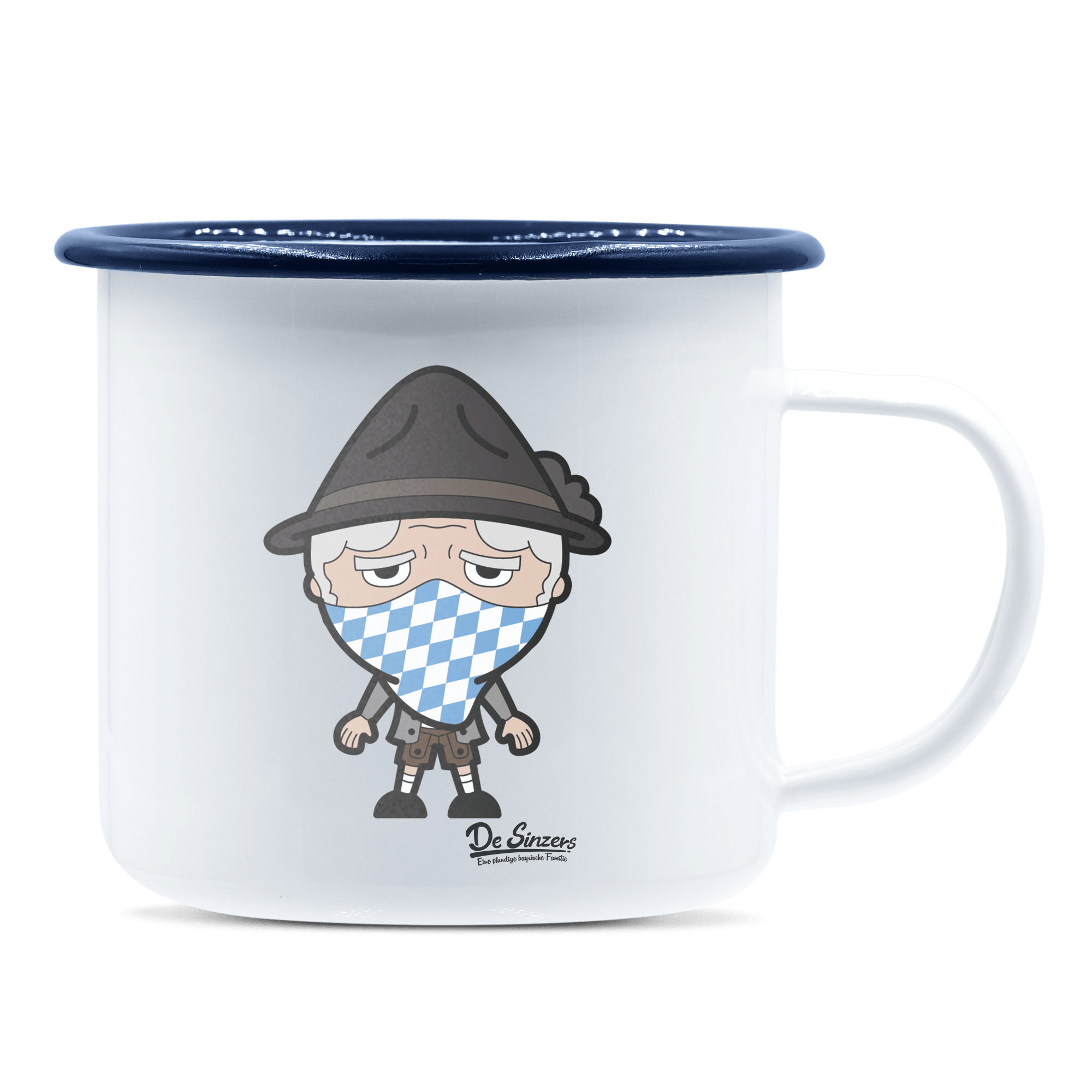 Da Oid Sinzer Bayrisches Mundtuch Emaille Tasse 375ml Weiss Blau Heuberg Front