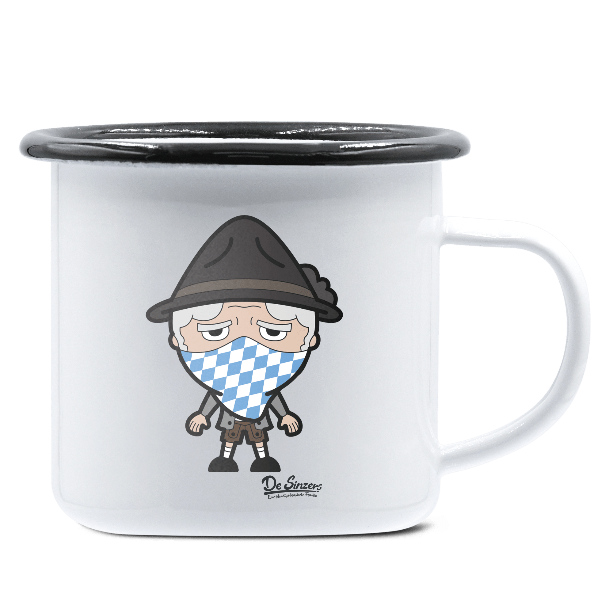 Da Oid Sinzer Bayrisches Mundtuch Emaille Tasse 375ml Weiss Schwarz Hochries Front 1