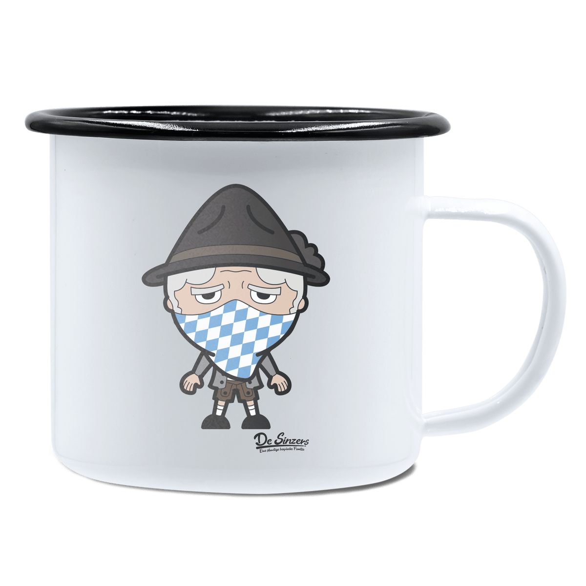 Da Oid Sinzer Bayrisches Mundtuch Emaille Tasse 450ml Weiss Schwarz Spitzstein Front