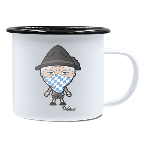 Da Oid Sinzer Bayrisches Mundtuch Emaille Tasse 450ml Weiss Schwarz Spitzstein Front