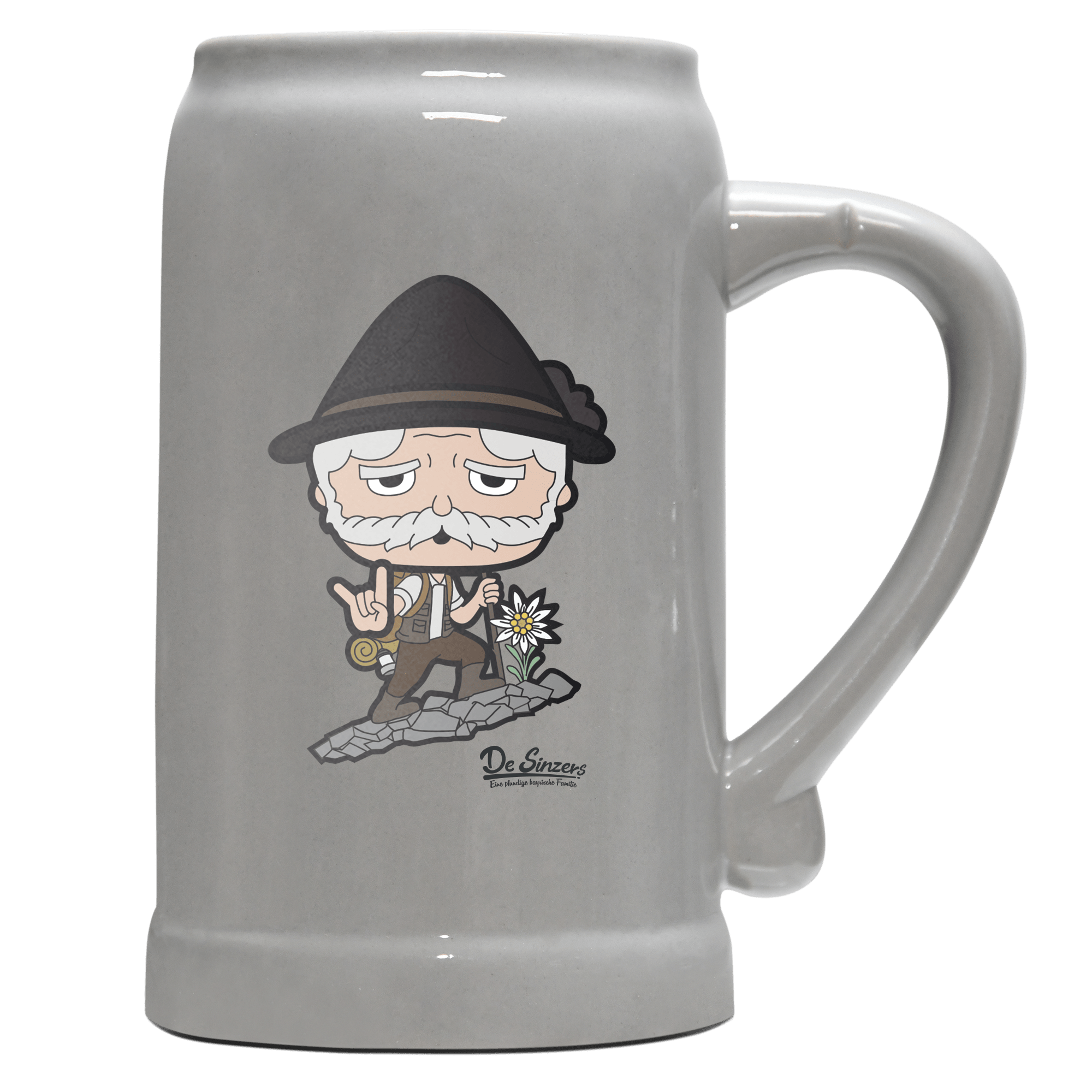 Da Oid Sinzer Bergsteiger Bierkrug 1000ml Grau Zugspitze Front