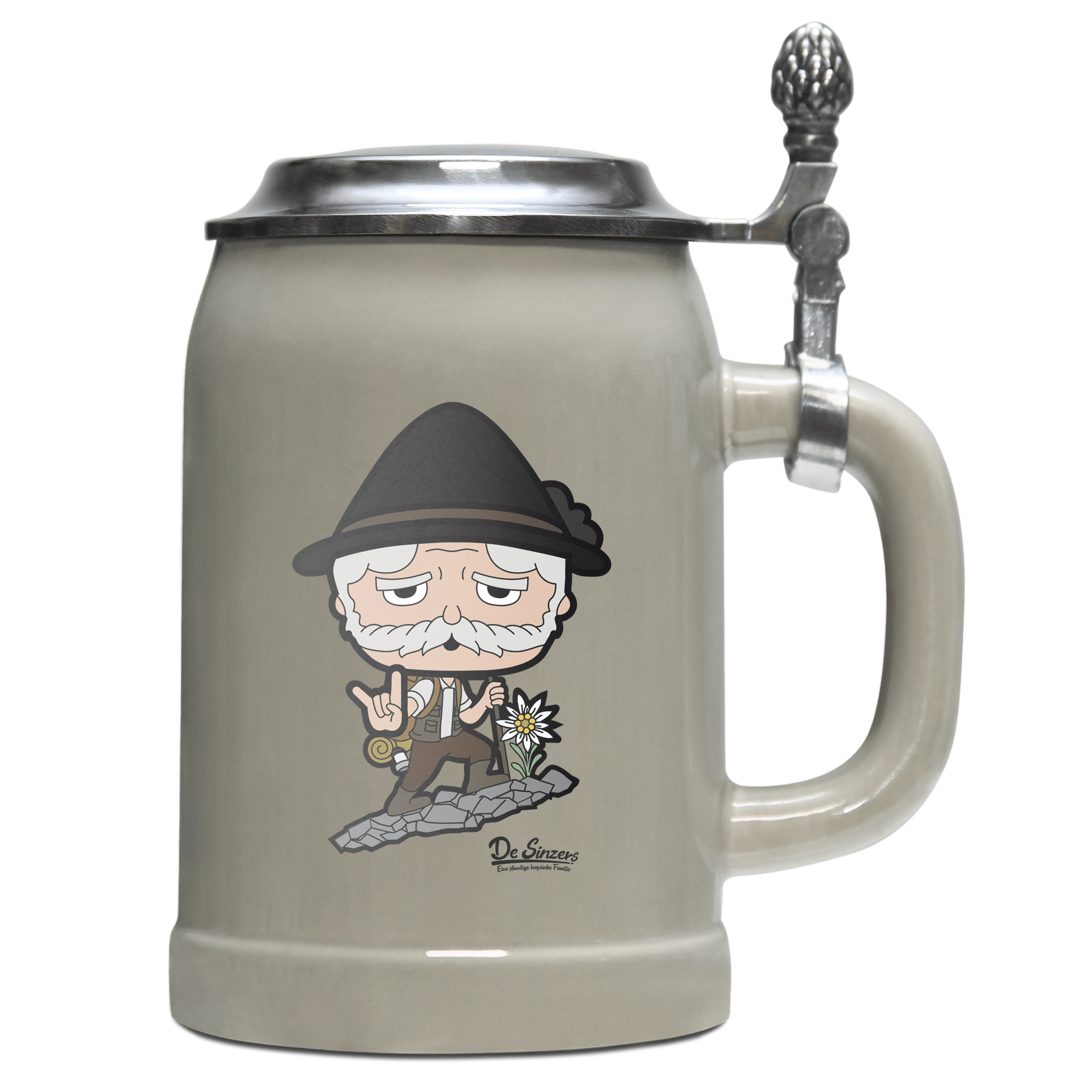 Da Oid Sinzer Bergsteiger Bierkrug 500ml Grau mit Deckel Hocheck Front