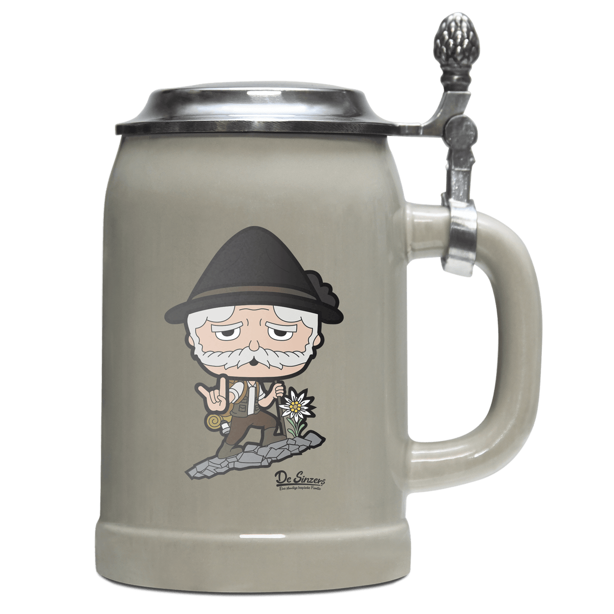Da Oid Sinzer Bergsteiger Bierkrug 500ml Grau mit Deckel Hocheck Front