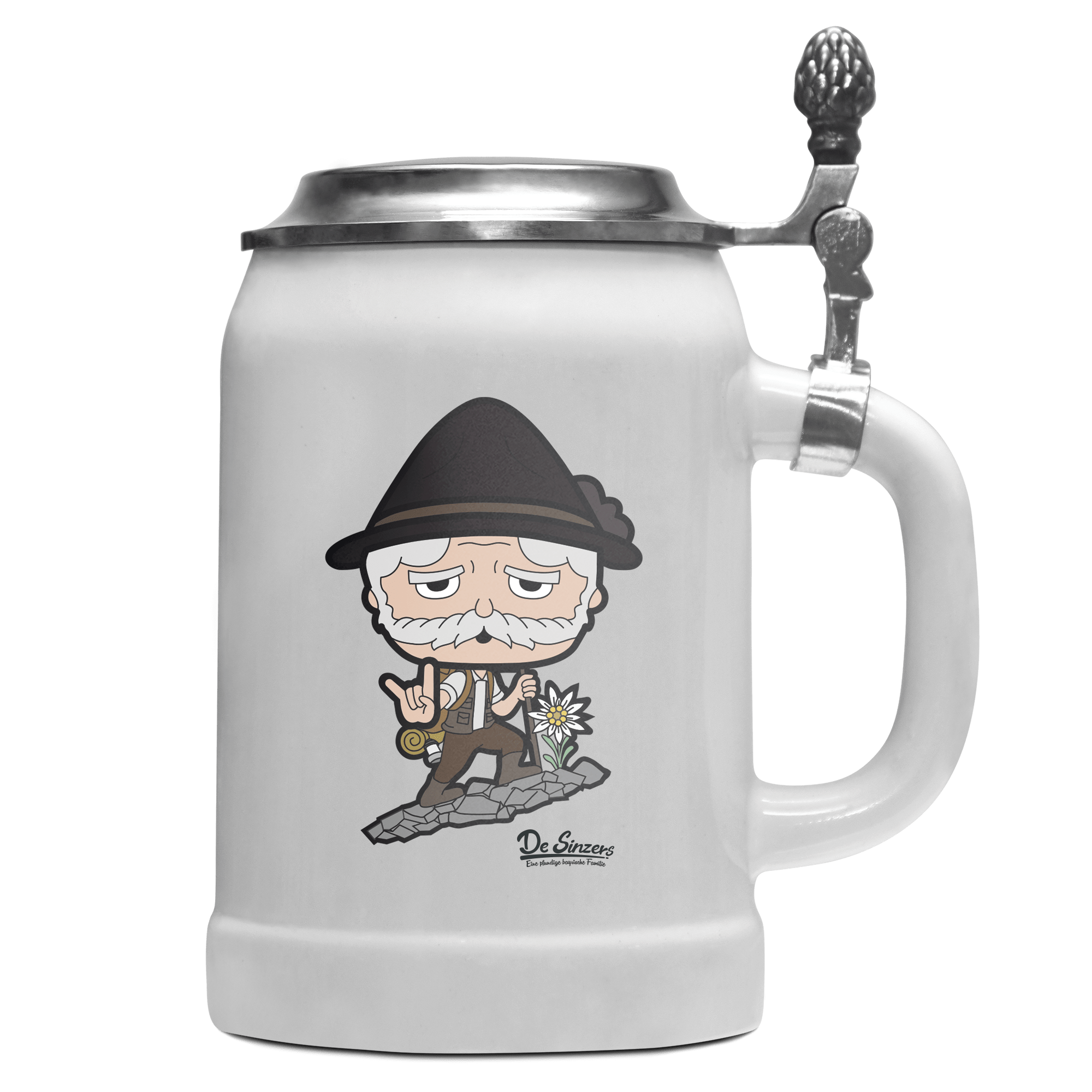 Da Oid Sinzer Bergsteiger Bierkrug 500ml Weiss mit Deckel Wetterspitzen Front