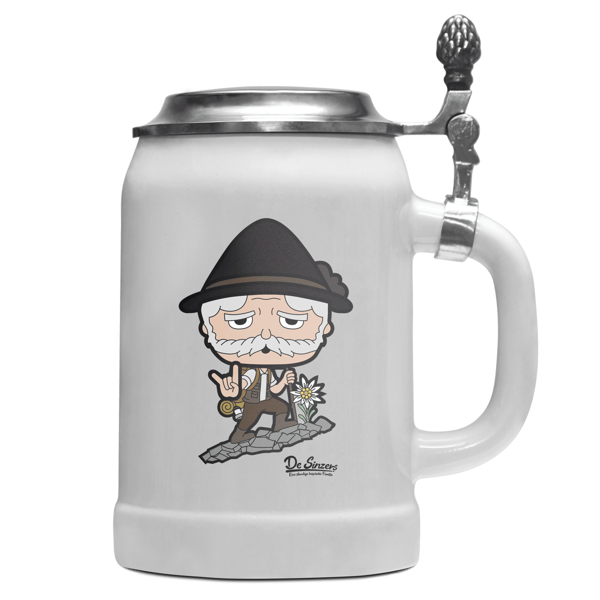 Da Oid Sinzer Bergsteiger Bierkrug 500ml Weiss mit Deckel Wetterspitzen Front