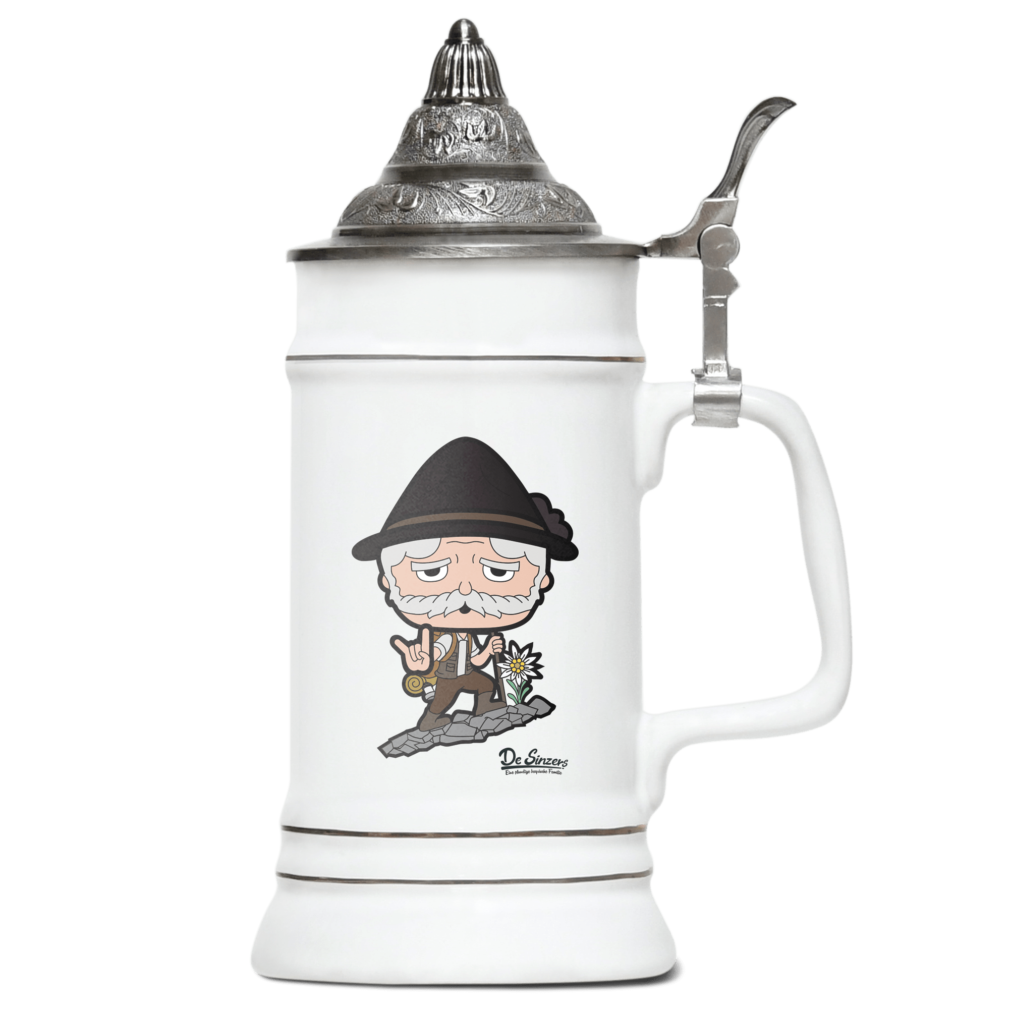 Da Oid Sinzer Bergsteiger Bierkrug 500ml Weiss mit Spitzdeckel Wendelstein Front