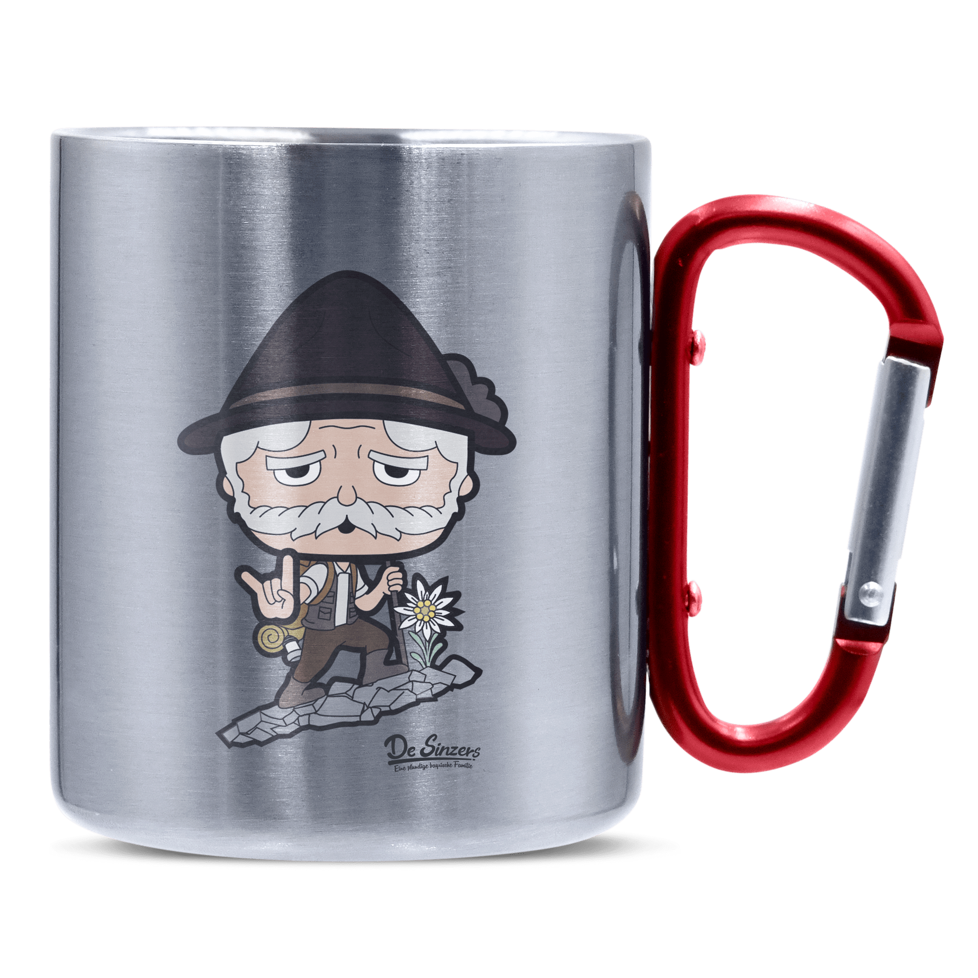 Da Oid Sinzer Bergsteiger Edelstahl Kaffeetasse roter Karabiner 320ml Kitzstein Front