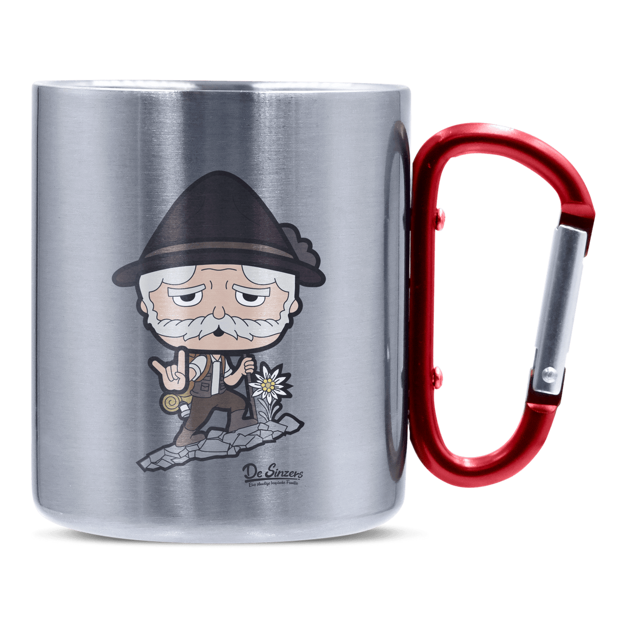 Da Oid Sinzer Bergsteiger Edelstahl Kaffeetasse roter Karabiner 320ml Kitzstein Front