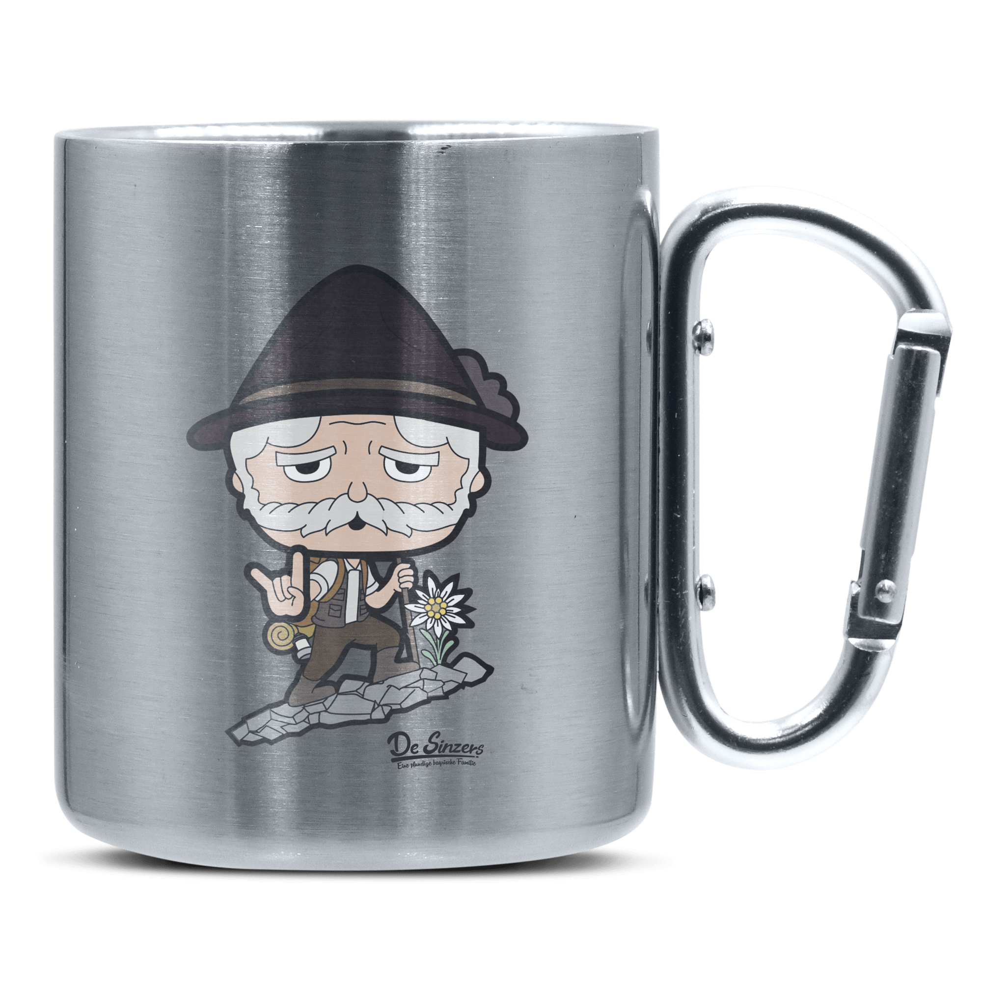 Da Oid Sinzer Bergsteiger Edelstahl Kaffeetasse silberer Karabiner 320ml Grosser Traithen Front