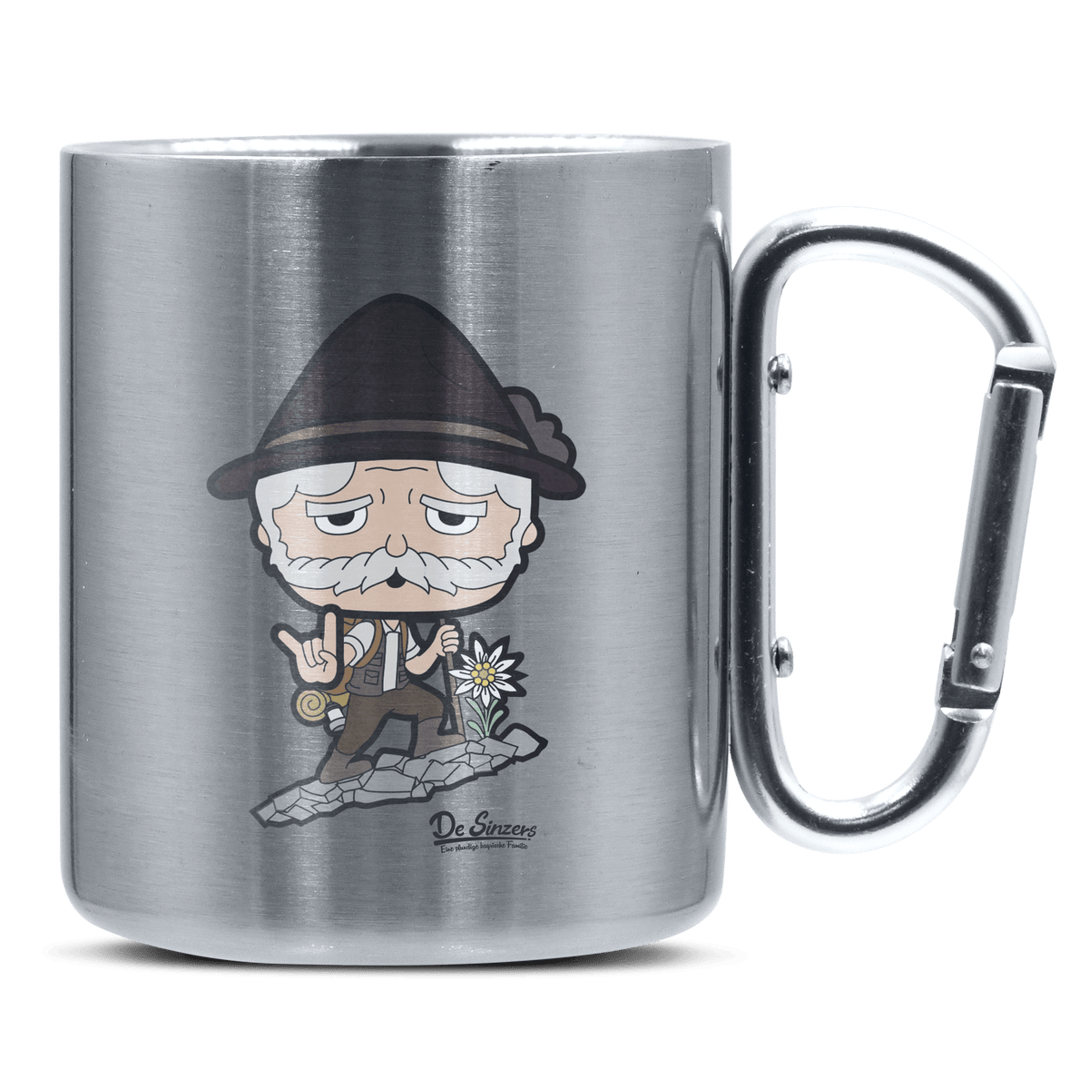Da Oid Sinzer Bergsteiger Edelstahl Kaffeetasse silberer Karabiner 320ml Grosser Traithen Front