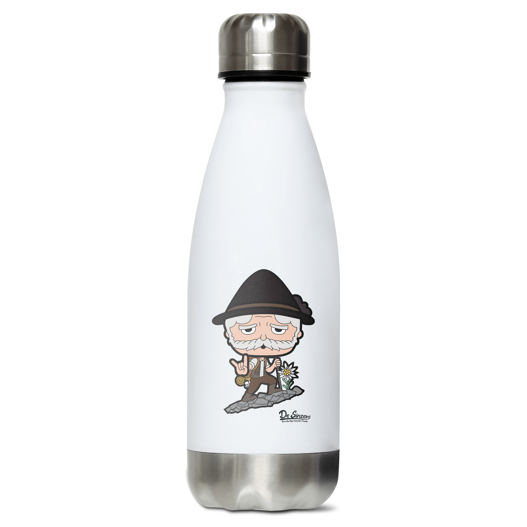 Da Oid Sinzer Bergsteiger Edelstahl Thermoflasche 350ml Weiss Silber Kreuzspitze Front