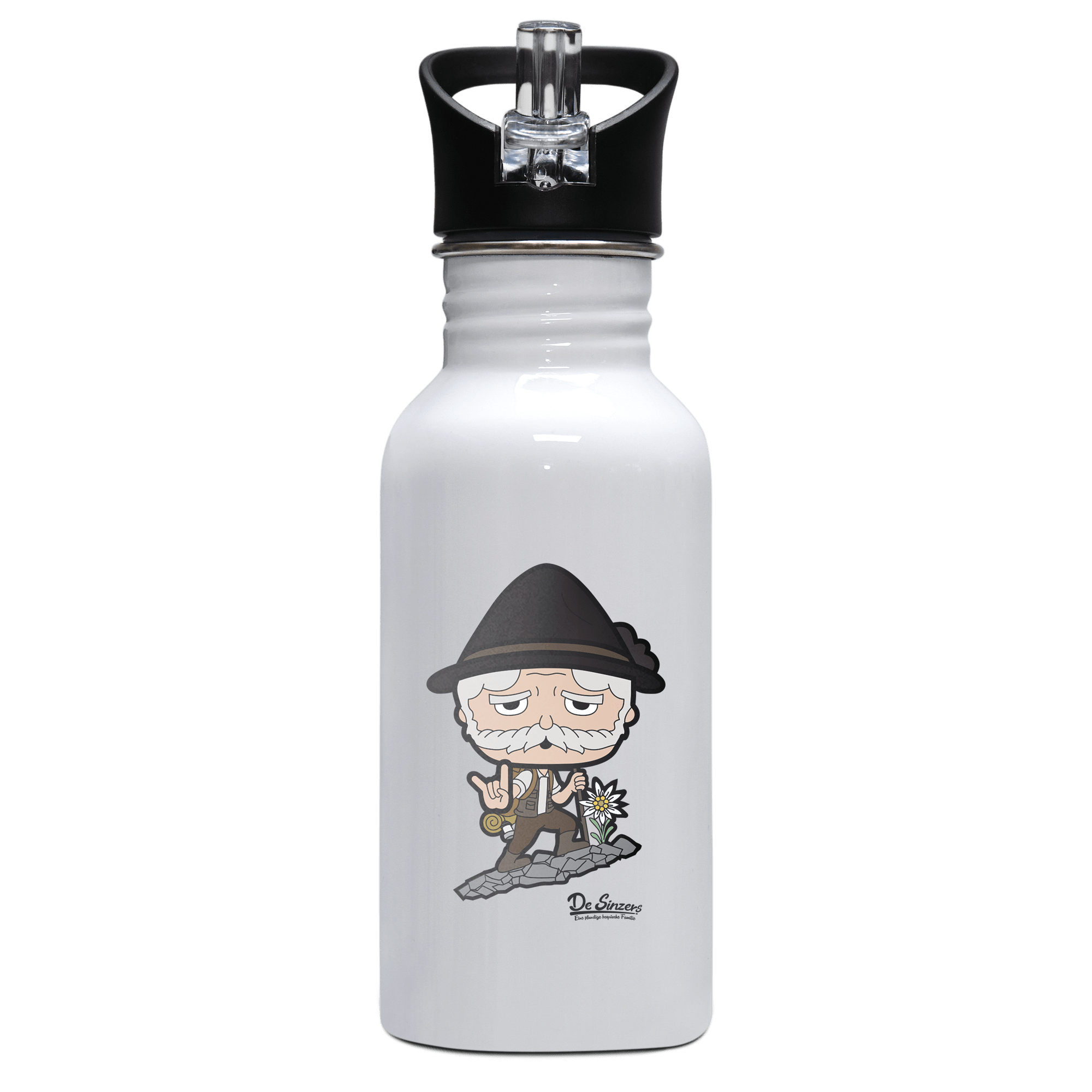 Da Oid Sinzer Bergsteiger Edelstahl Trinkflasche mit klappbarem Mundstueck 500ml Weiss Rotwand Front