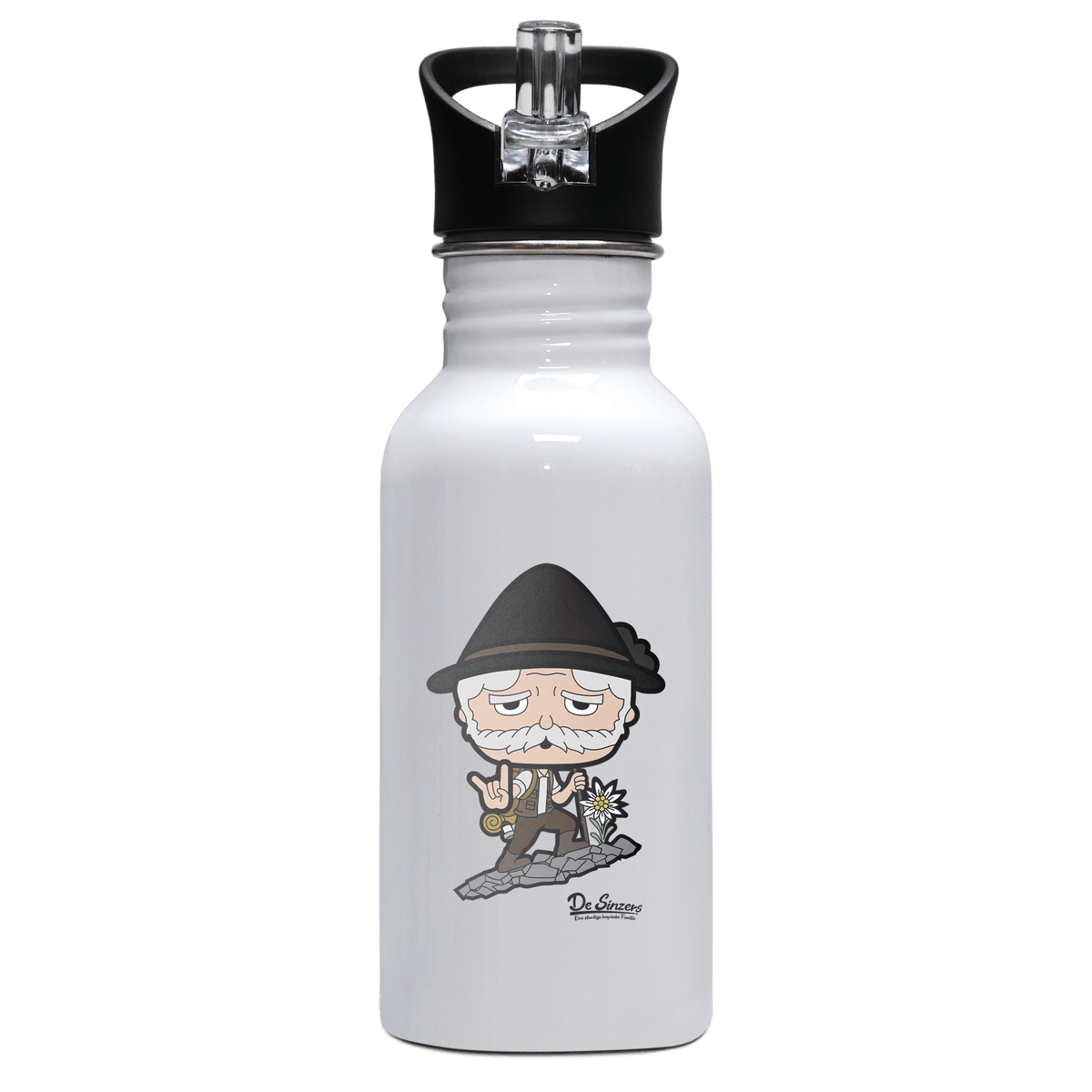 Da Oid Sinzer Bergsteiger Edelstahl Trinkflasche mit klappbarem Mundstueck 500ml Weiss Rotwand Front