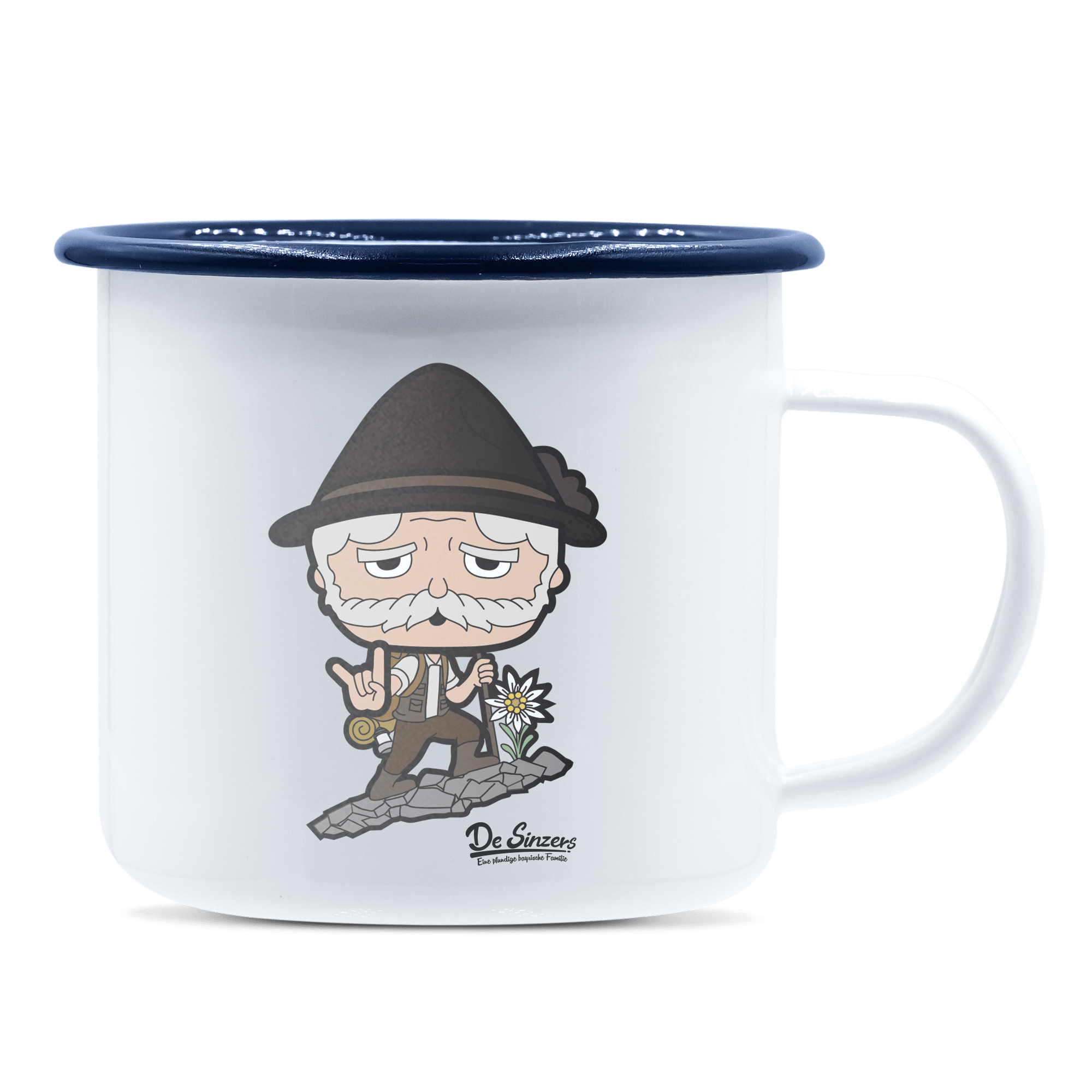 Da Oid Sinzer Bergsteiger Emaille Tasse 375ml Weiss Blau Heuberg Front