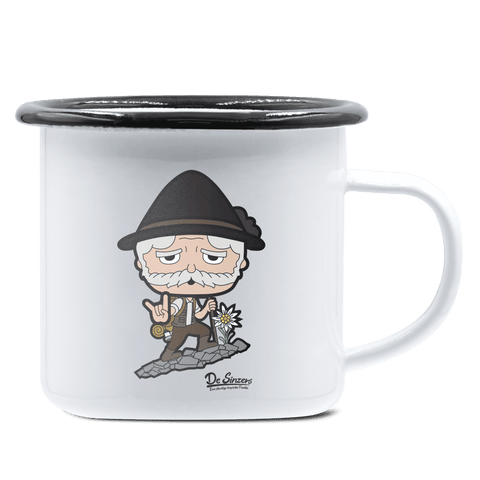 Da Oid Sinzer Bergsteiger Emaille Tasse 375ml Weiss Schwarz Hochries Front 1