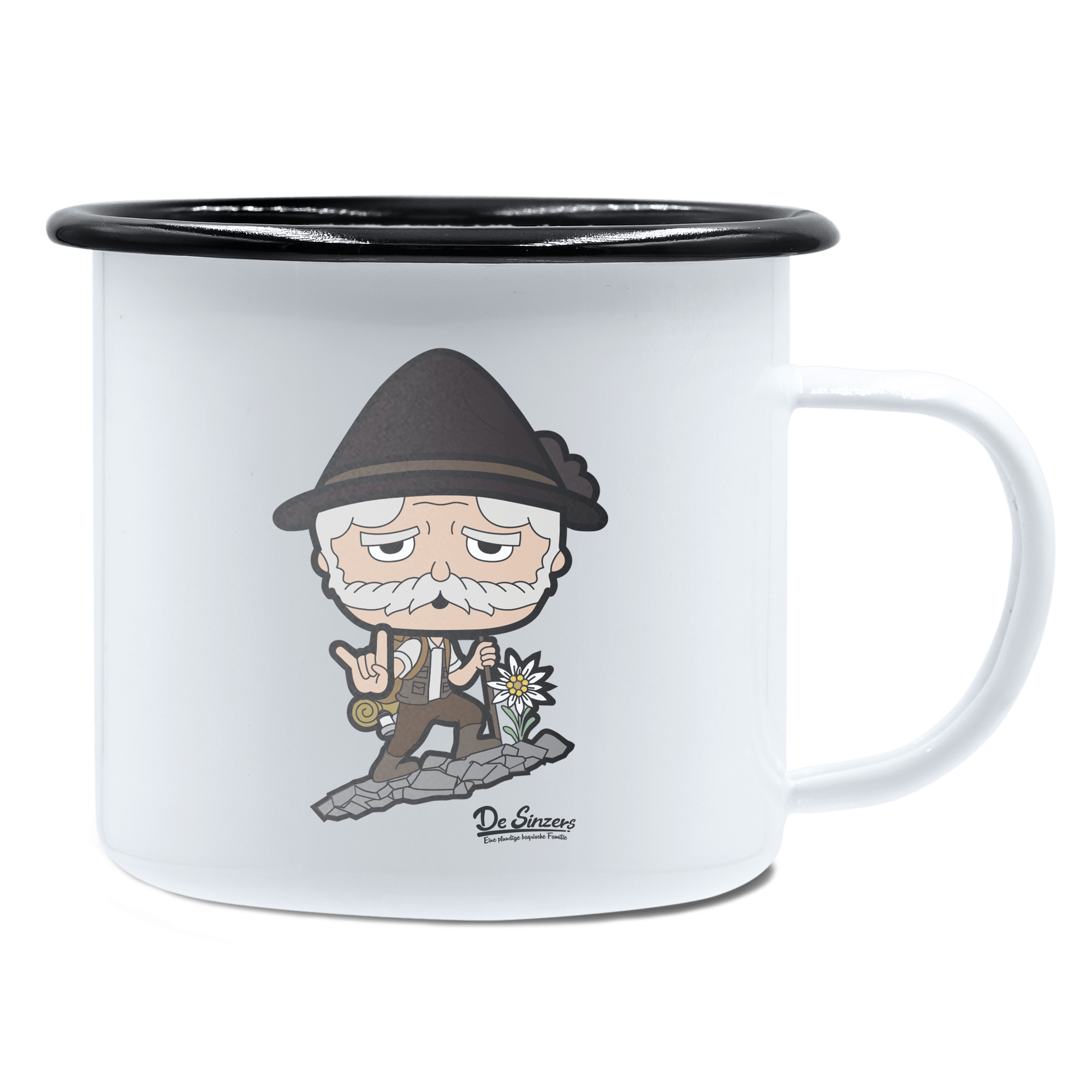 Da Oid Sinzer Bergsteiger Emaille Tasse 450ml Weiss Schwarz Spitzstein Front