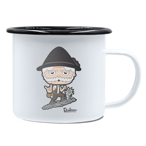 Da Oid Sinzer Bergsteiger Emaille Tasse 450ml Weiss Schwarz Spitzstein Front