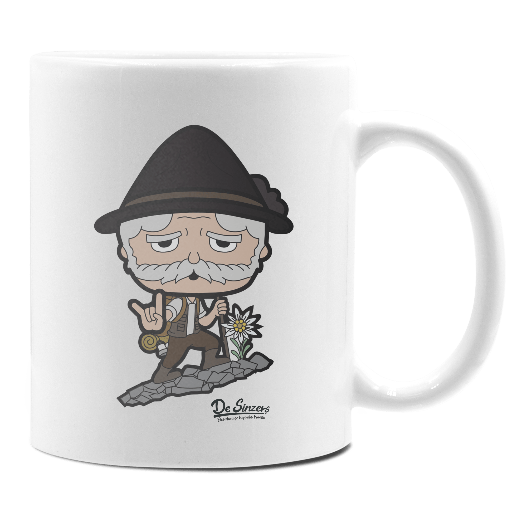 Da Oid Sinzer Bergsteiger Keramik Kaffeetasse 330ml Weiss Rampoldplatte Front