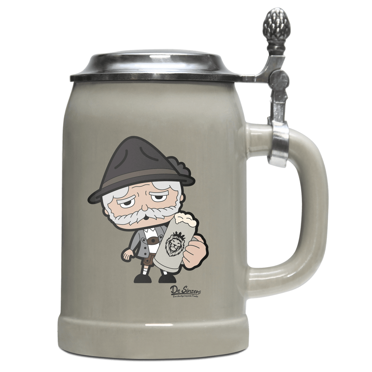 Da Oid Sinzer Bier Bierkrug 500ml Grau mit Deckel Hocheck Front