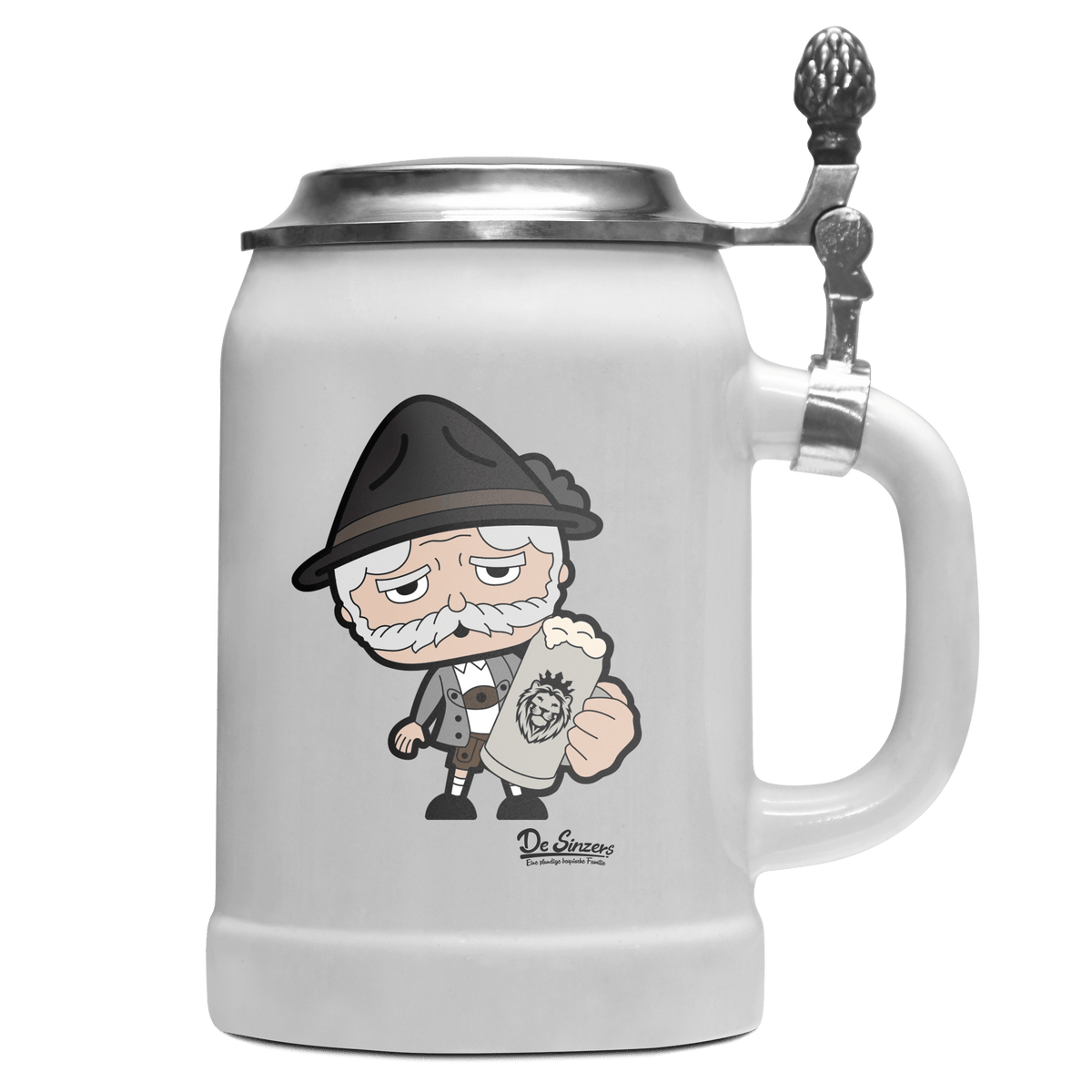 Da Oid Sinzer Bier Bierkrug 500ml Weiss mit Deckel Wetterspitzen Front
