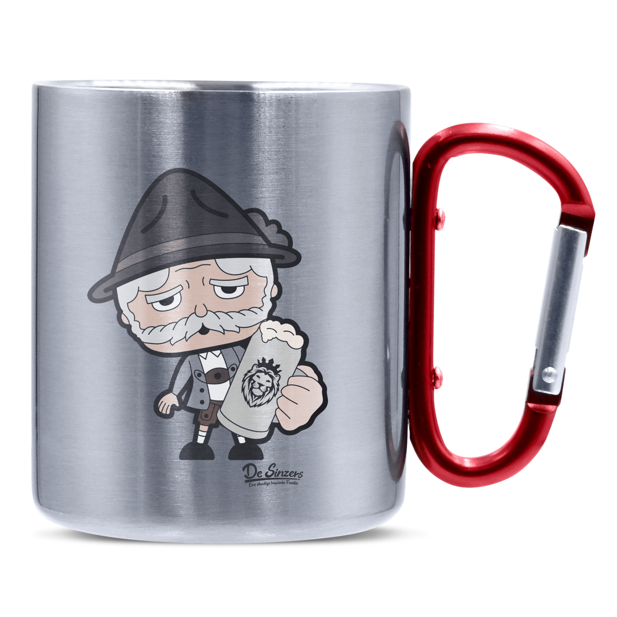Da Oid Sinzer Bier Edelstahl Kaffeetasse roter Karabiner 320ml Kitzstein Front