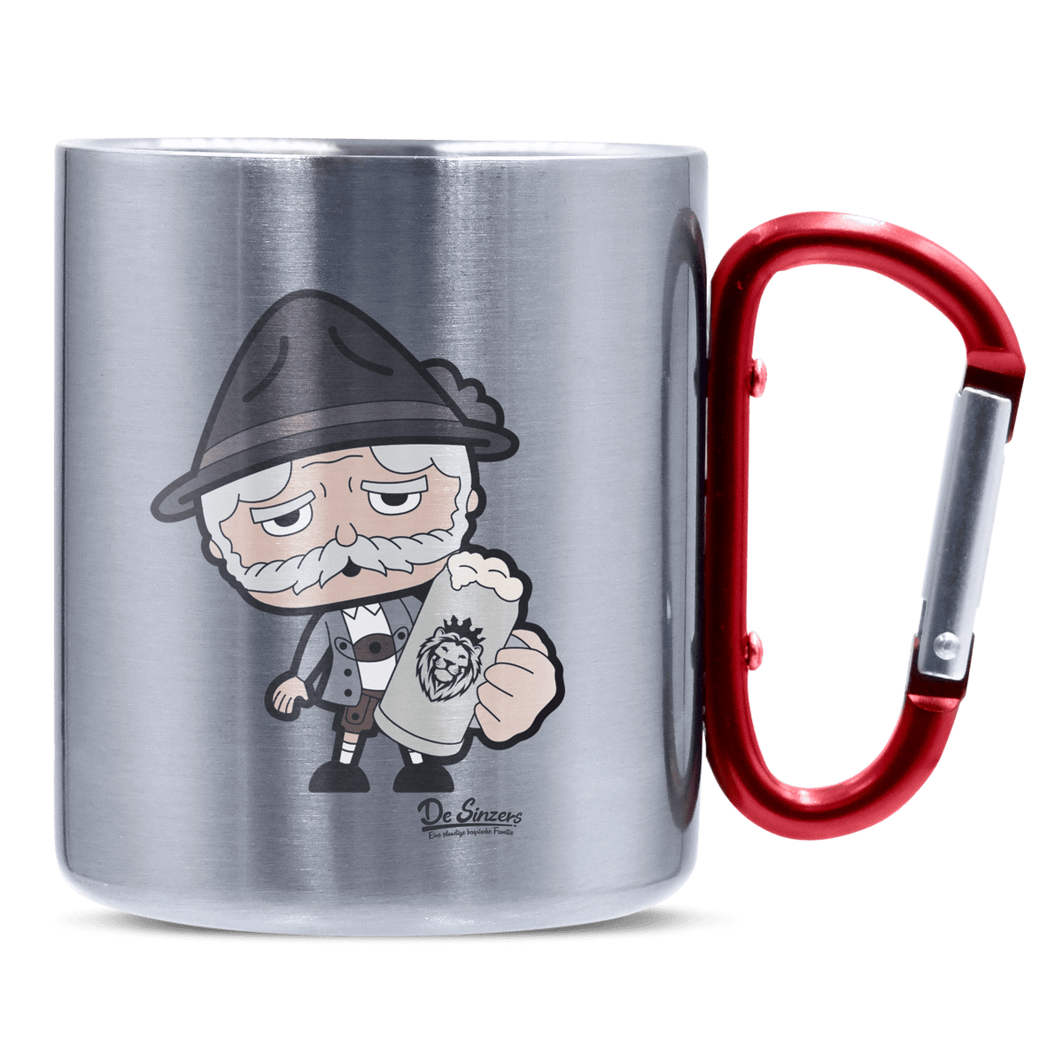 Da Oid Sinzer Bier Edelstahl Kaffeetasse roter Karabiner 320ml Kitzstein Front