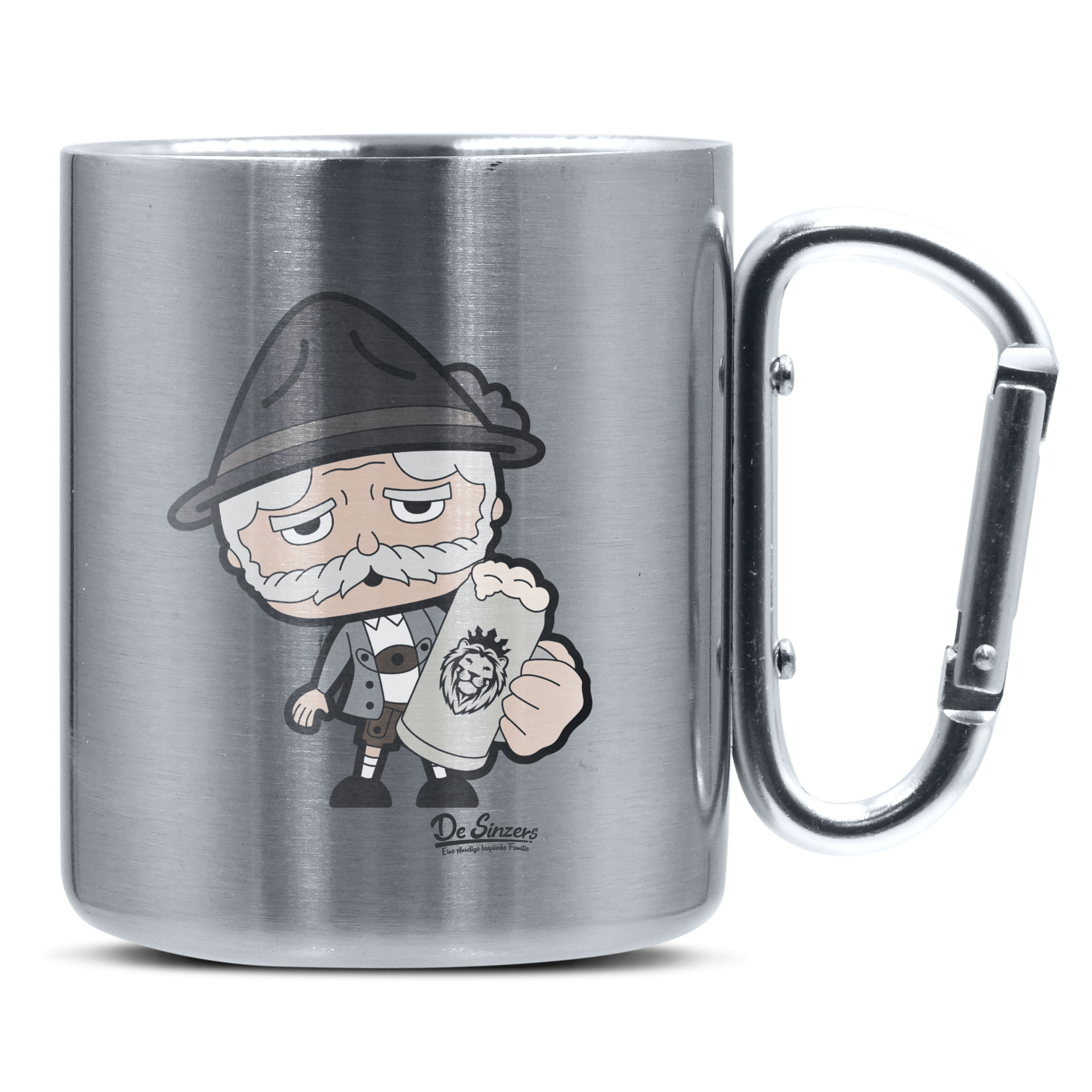 Da Oid Sinzer Bier Edelstahl Kaffeetasse silberer Karabiner 320ml Grosser Traithen Front