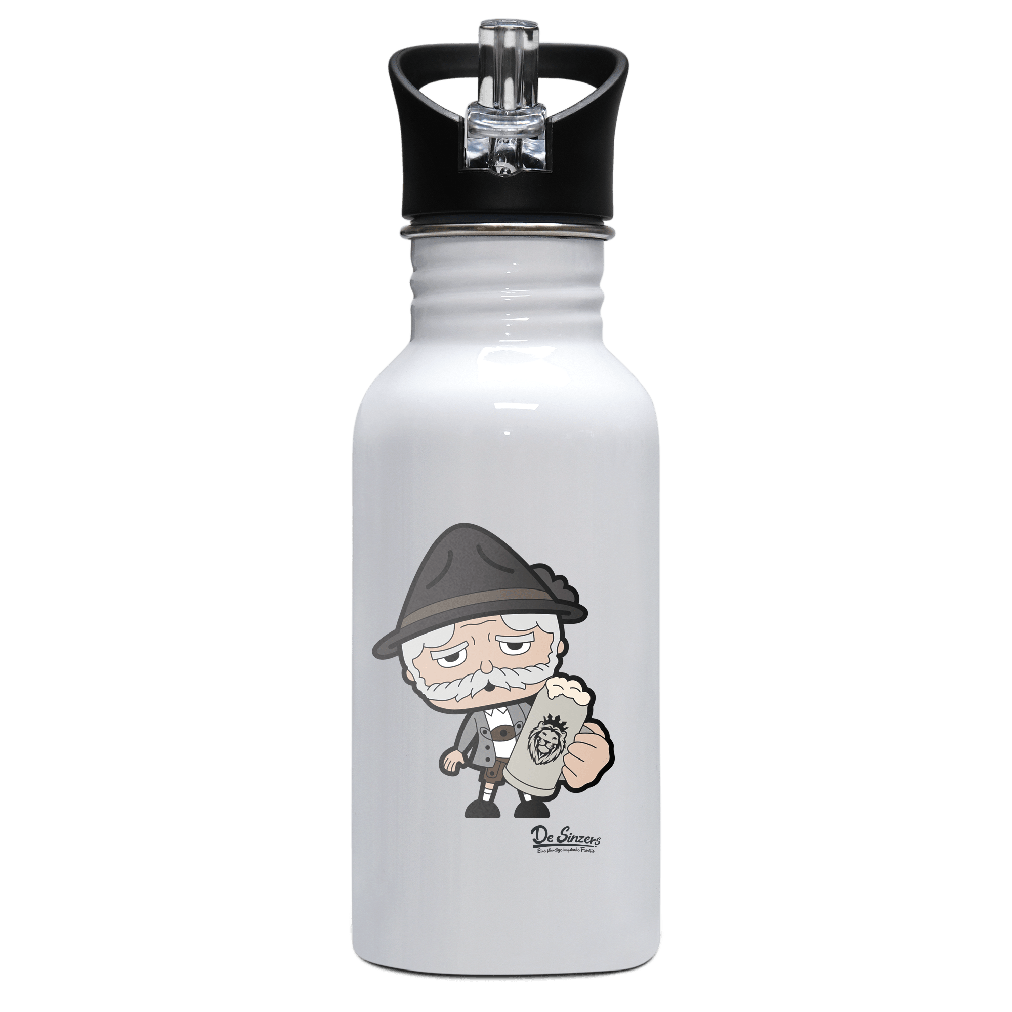 Da Oid Sinzer Bier Edelstahl Trinkflasche mit klappbarem Mundstueck 500ml Weiss Rotwand Front