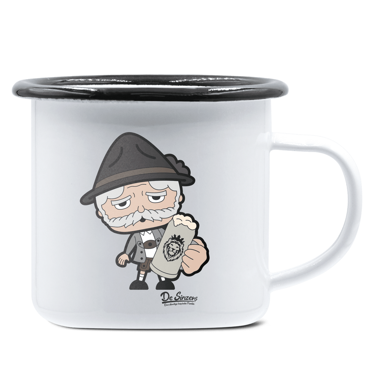 Da Oid Sinzer Bier Emaille Tasse 375ml Weiss Schwarz Hochries Front