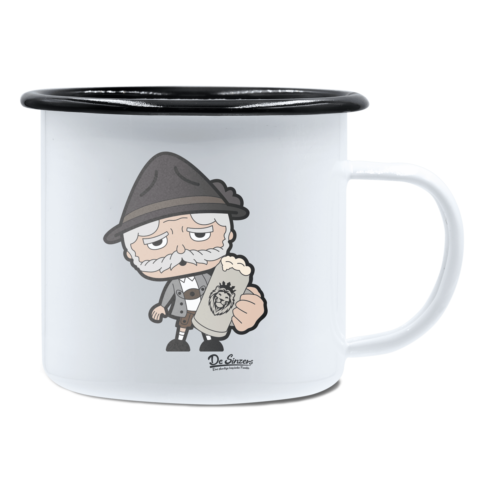 Da Oid Sinzer Bier Emaille Tasse 450ml Weiss Schwarz Spitzstein Front