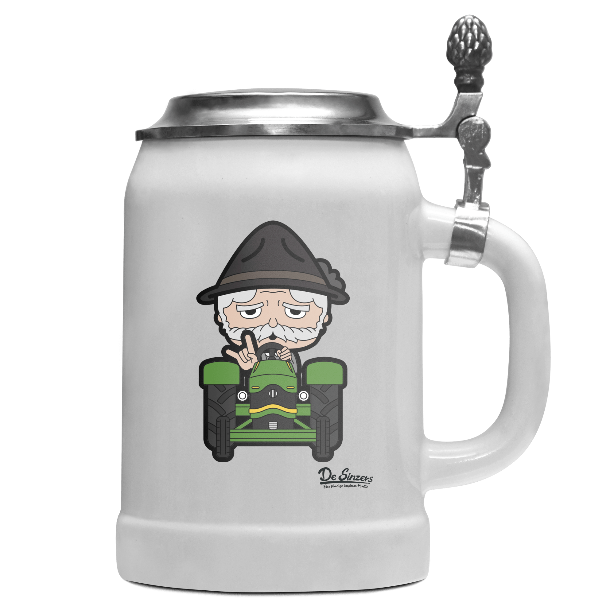 Da Oid Sinzer Bulldog Bierkrug 500ml Weiss mit Deckel Wetterspitzen Front