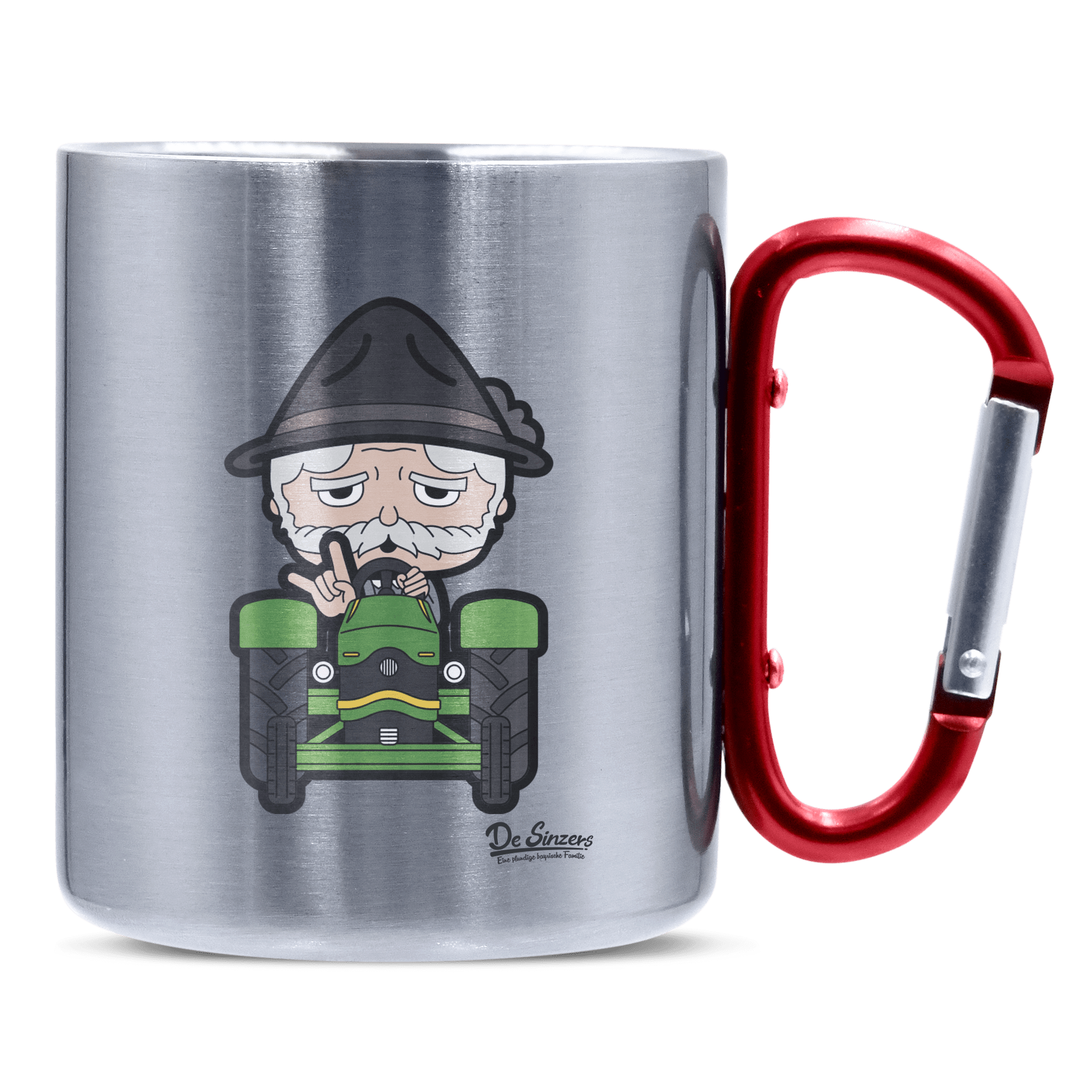Da Oid Sinzer Bulldog Edelstahl Kaffeetasse roter Karabiner 320ml Kitzstein Front