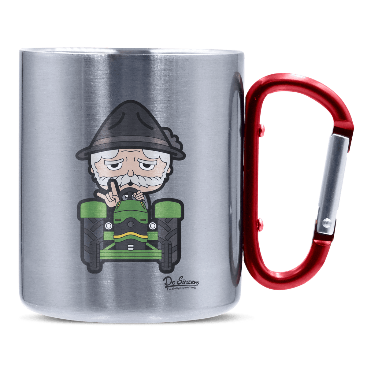 Da Oid Sinzer Bulldog Edelstahl Kaffeetasse roter Karabiner 320ml Kitzstein Front