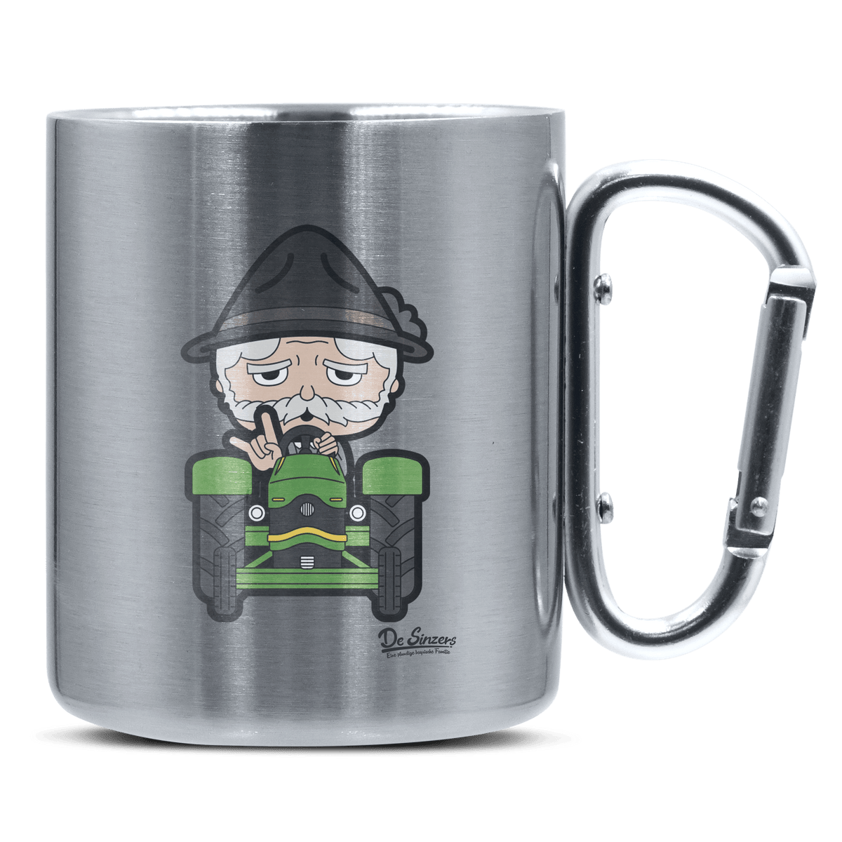 Da Oid Sinzer Bulldog Edelstahl Kaffeetasse silberer Karabiner 320ml Grosser Traithen Front