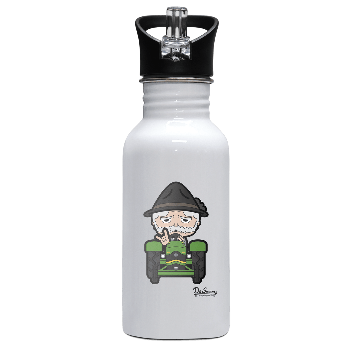 Da Oid Sinzer Bulldog Edelstahl Trinkflasche mit klappbarem Mundstueck 500ml Weiss Rotwand Front