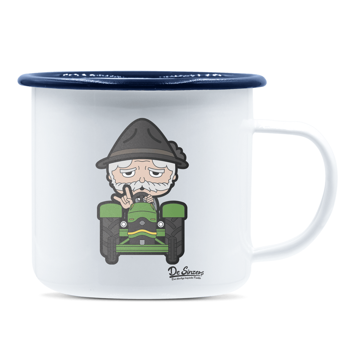 Da Oid Sinzer Bulldog Emaille Tasse 375ml Weiss Blau Heuberg Front