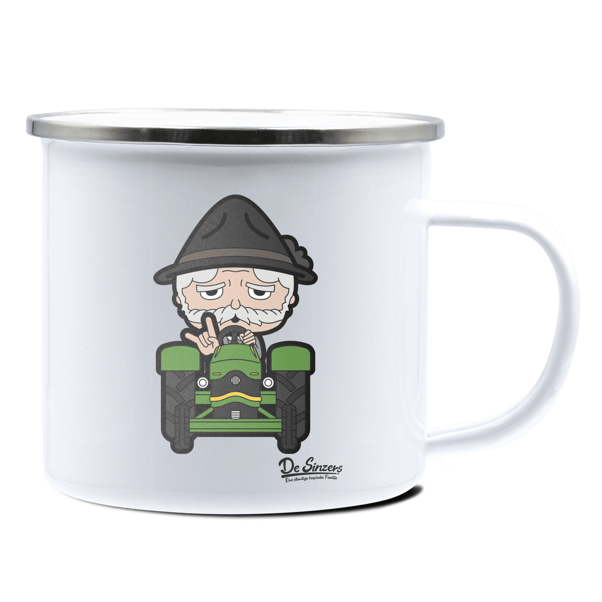 Da Oid Sinzer Bulldog Emaille Tasse 375ml Weiss Silber Kampenwand Front