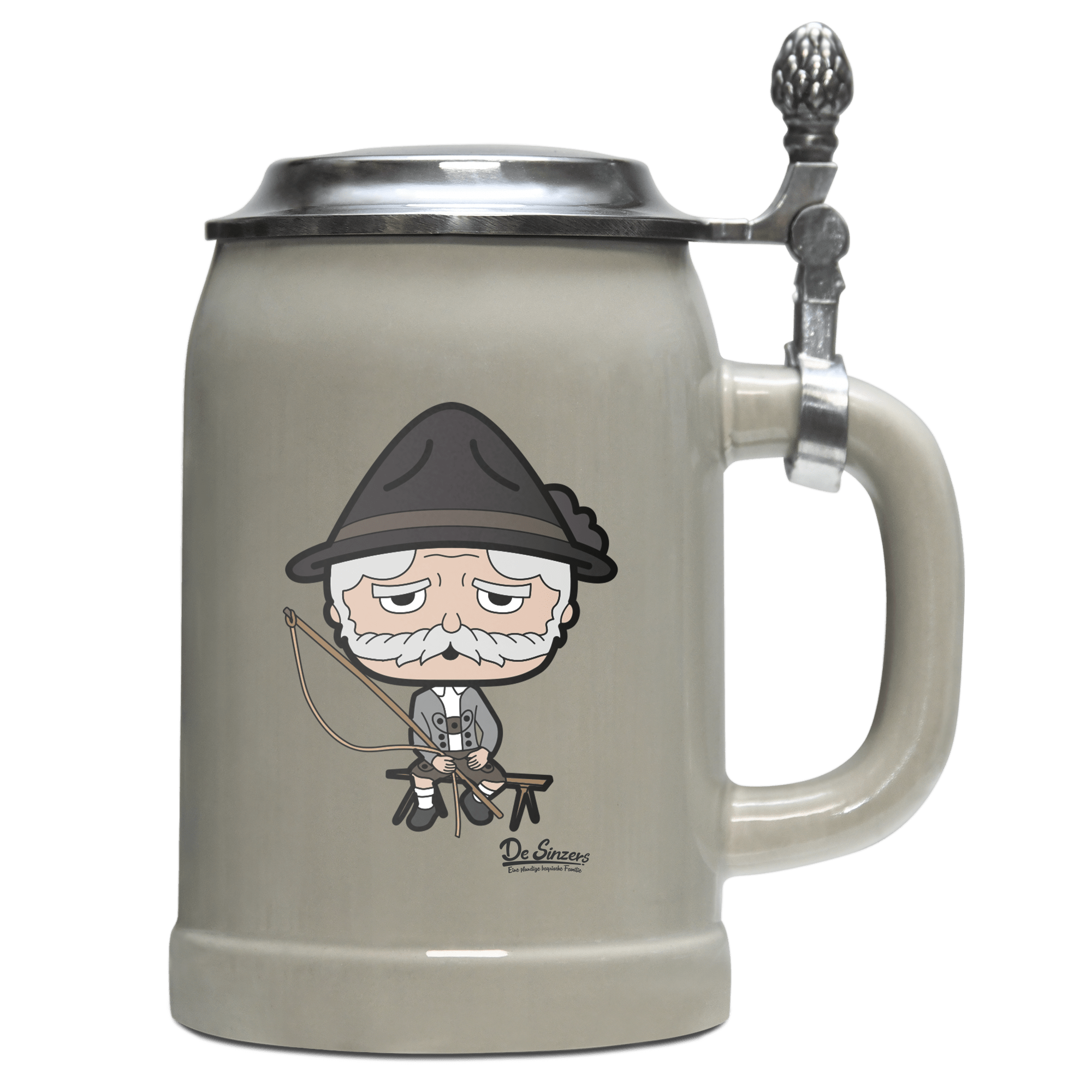 Da Oid Sinzer Goaßlschnoizer Bierkrug 500ml Grau mit Deckel Hocheck Front